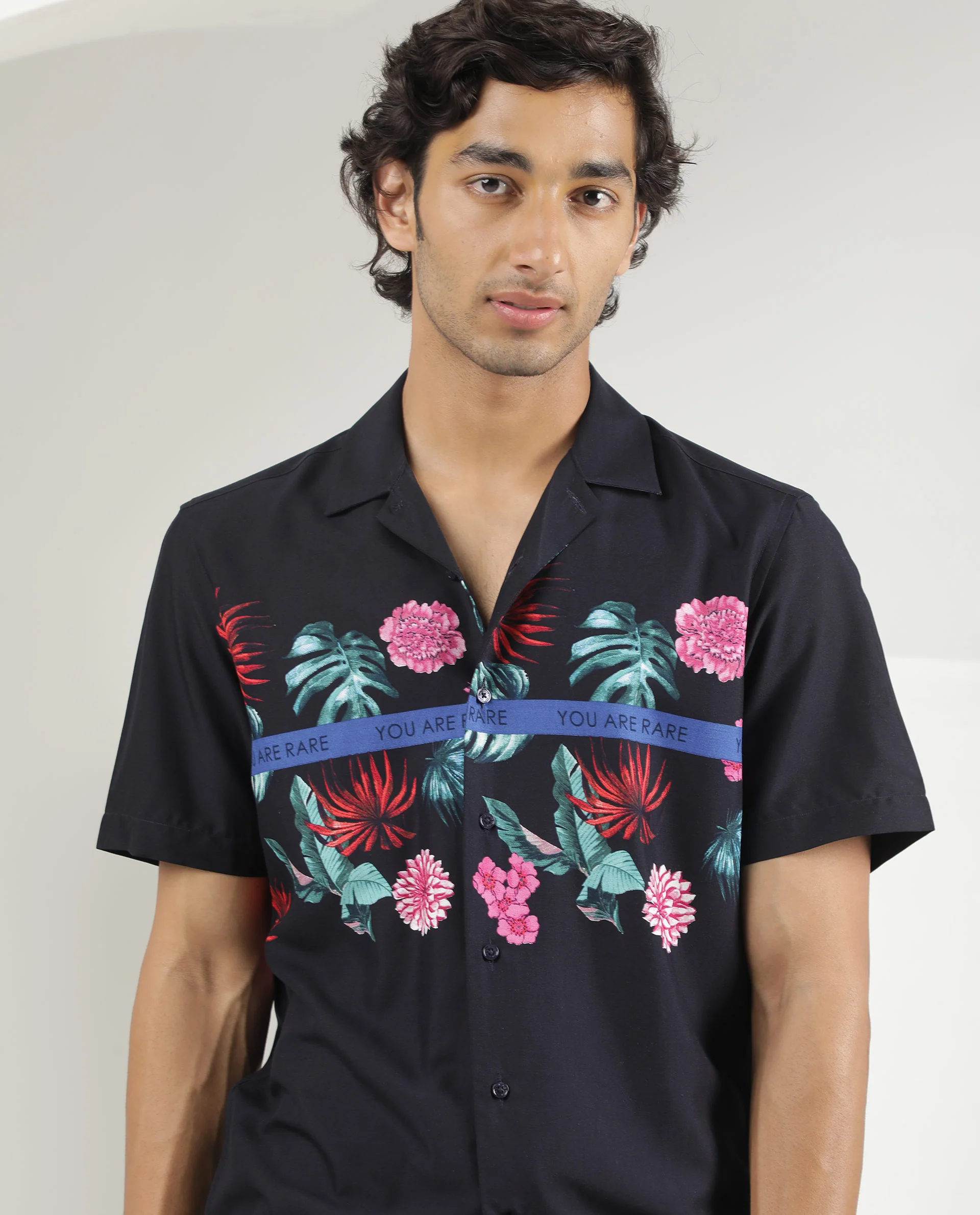 Rare Rabbit Men's Tropic Navy Viscose Tropical Print Regular Fit Half Sleeve Cuban Collar Shirt - Image 4