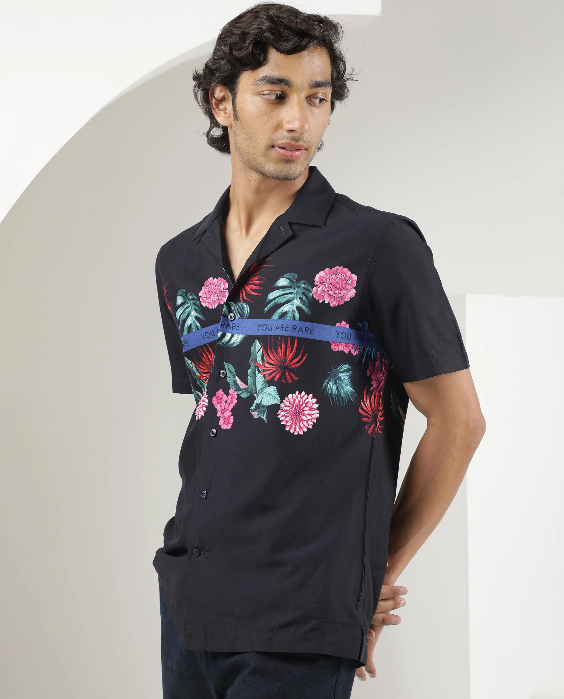 Rare Rabbit Men's Tropic Navy Viscose Tropical Print Regular Fit Half Sleeve Cuban Collar Shirt - Image 5