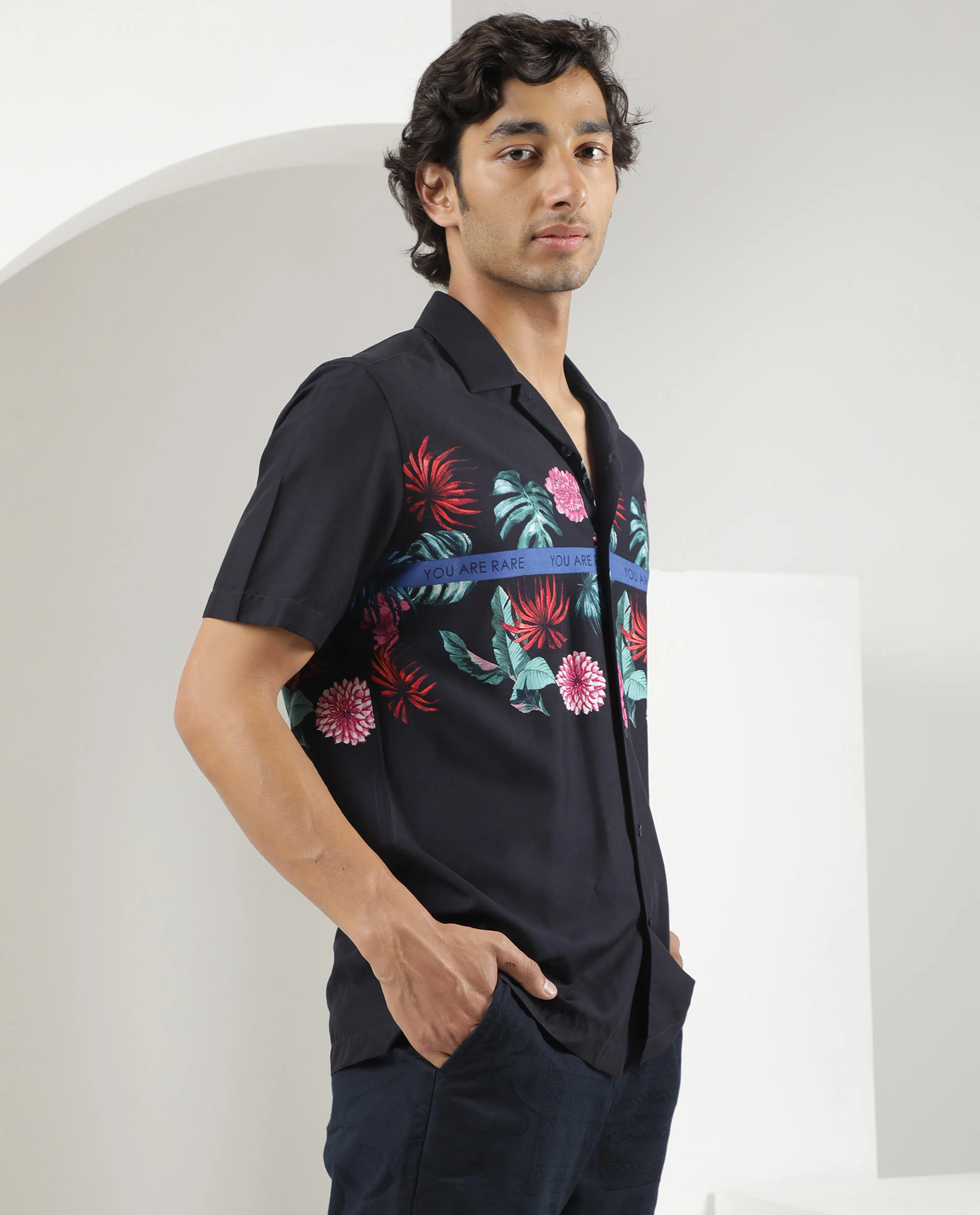 Rare Rabbit Men's Tropic Navy Viscose Tropical Print Regular Fit Half Sleeve Cuban Collar Shirt - Image 6