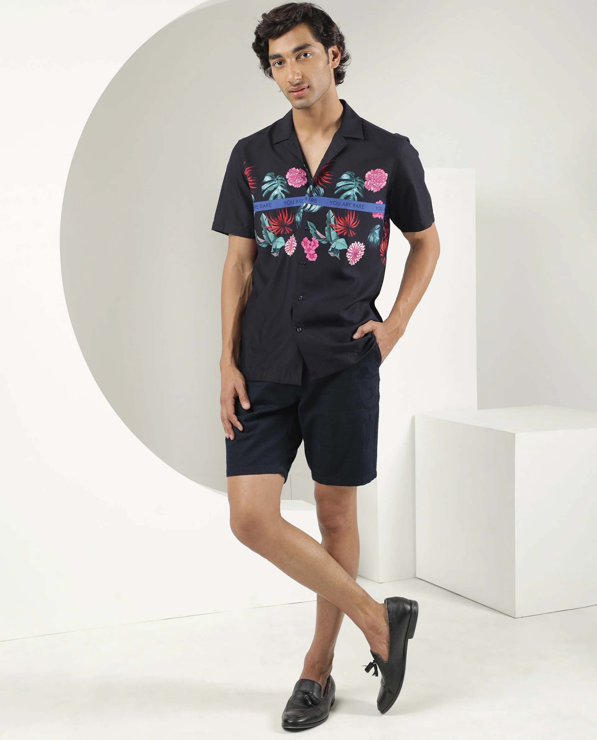 Rare Rabbit Men's Tropic Navy Viscose Tropical Print Regular Fit Half Sleeve Cuban Collar Shirt - Image 7