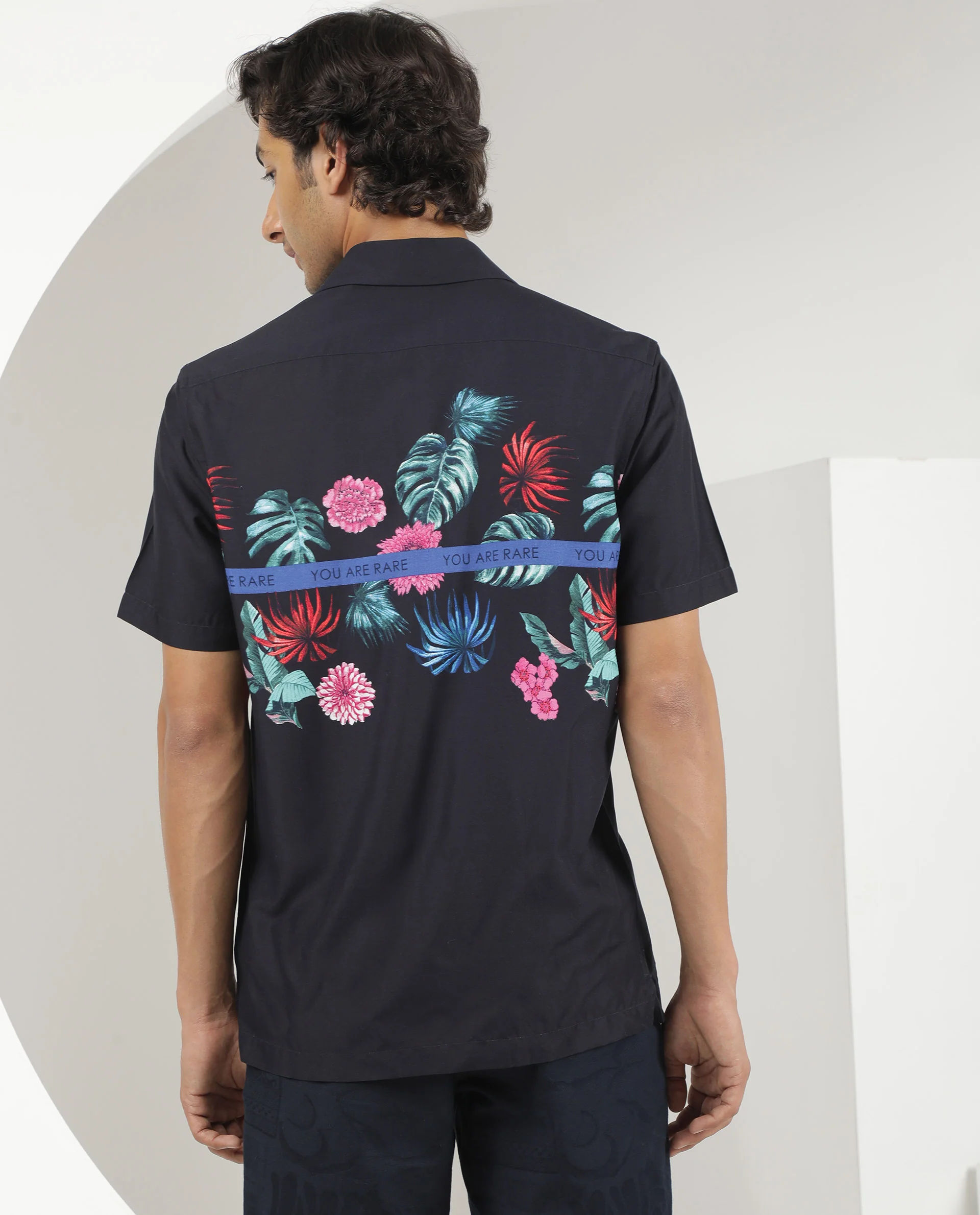 Rare Rabbit Men's Tropic Navy Viscose Tropical Print Regular Fit Half Sleeve Cuban Collar Shirt - Image 8