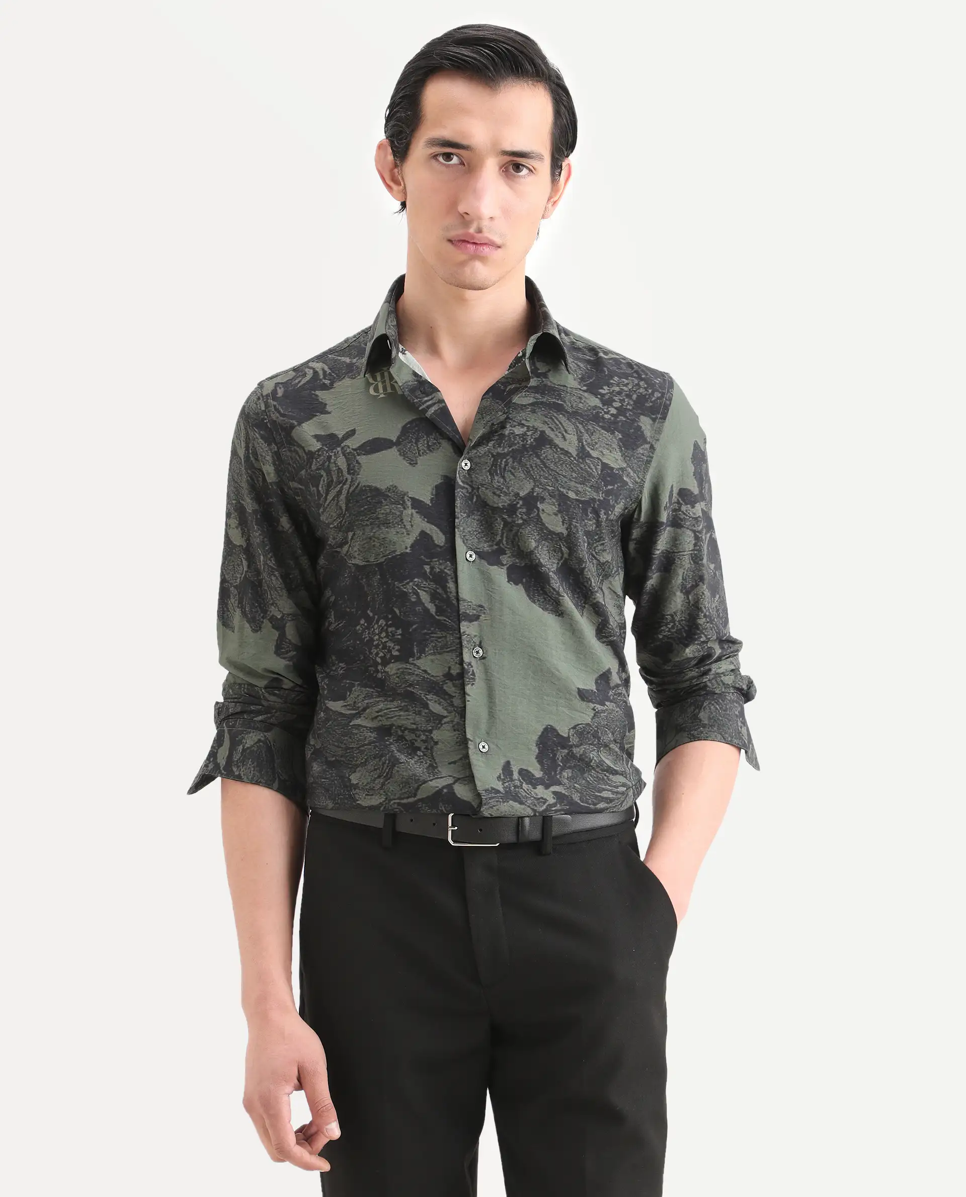 Rare Rabbit Men's Trops Dark Olive Viscose Blend Fabric Collared Neck Regular Floral Print Shirt - Image 3