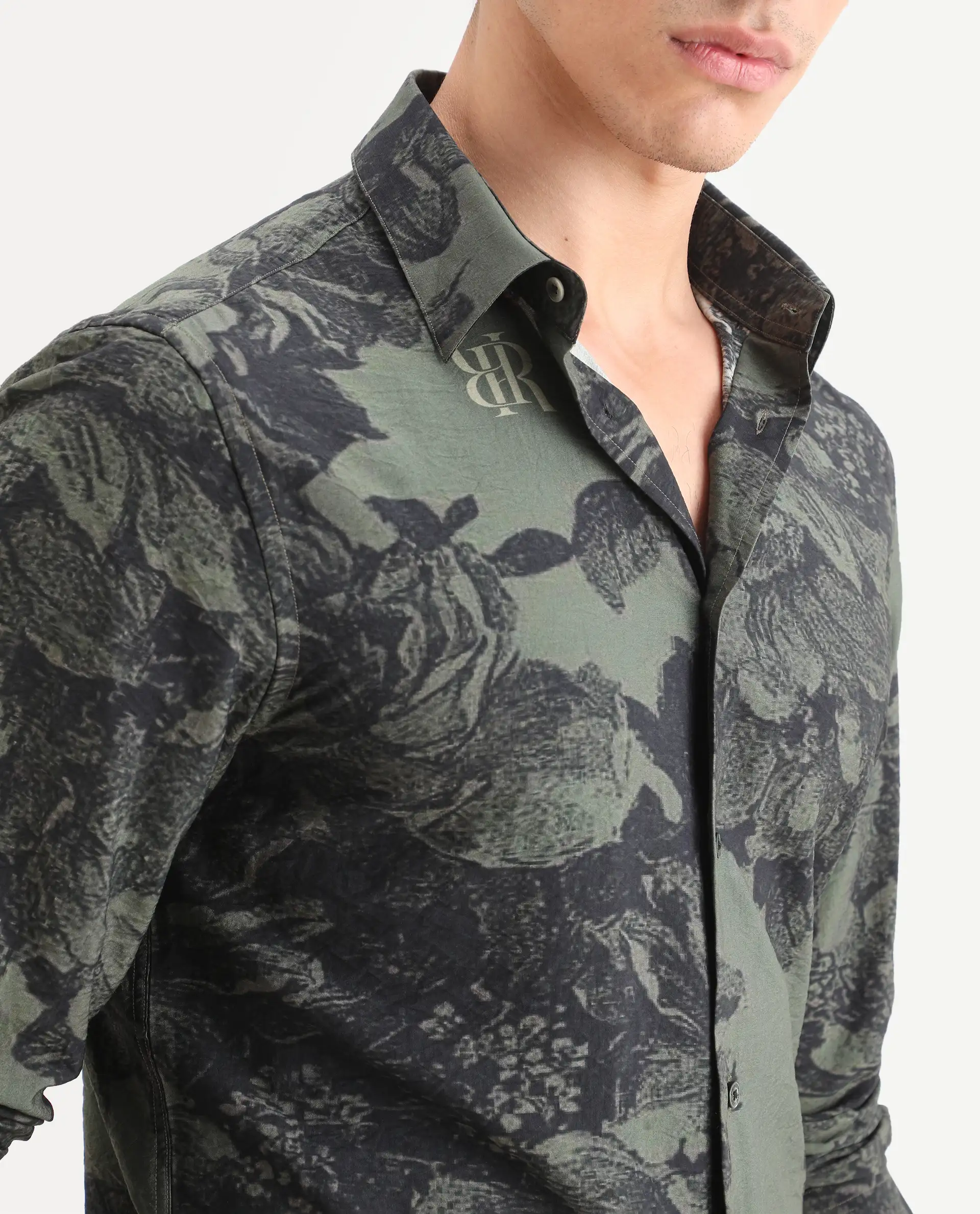 Rare Rabbit Men's Trops Dark Olive Viscose Blend Fabric Collared Neck Regular Floral Print Shirt - Image 4