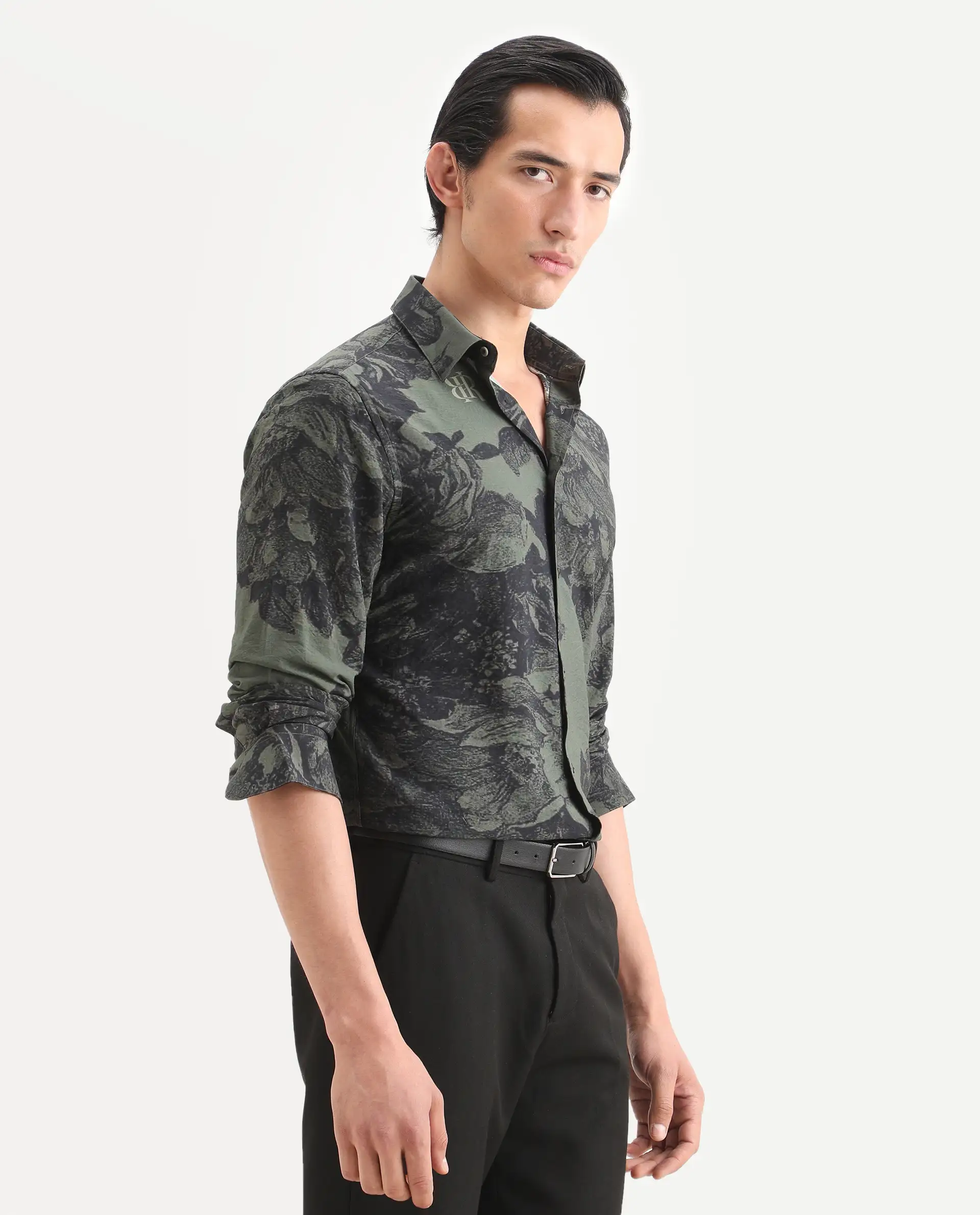 Rare Rabbit Men's Trops Dark Olive Viscose Blend Fabric Collared Neck Regular Floral Print Shirt - Image 5