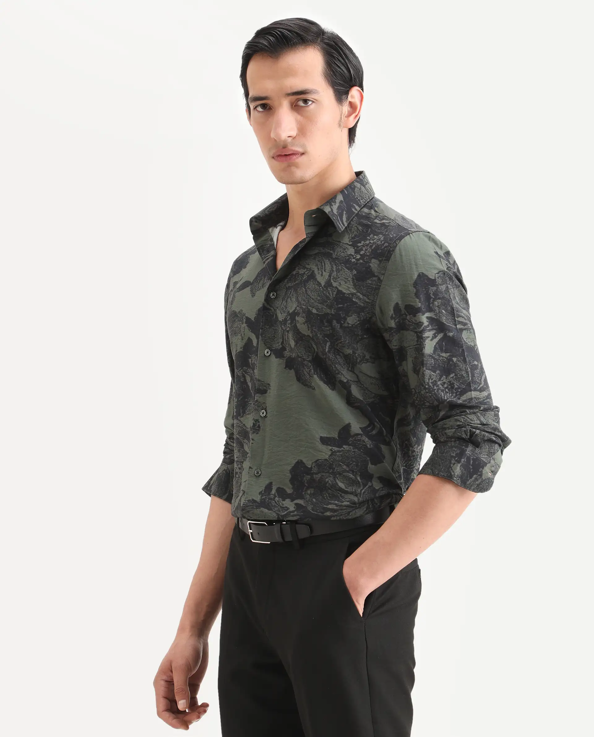 Rare Rabbit Men's Trops Dark Olive Viscose Blend Fabric Collared Neck Regular Floral Print Shirt - Image 6