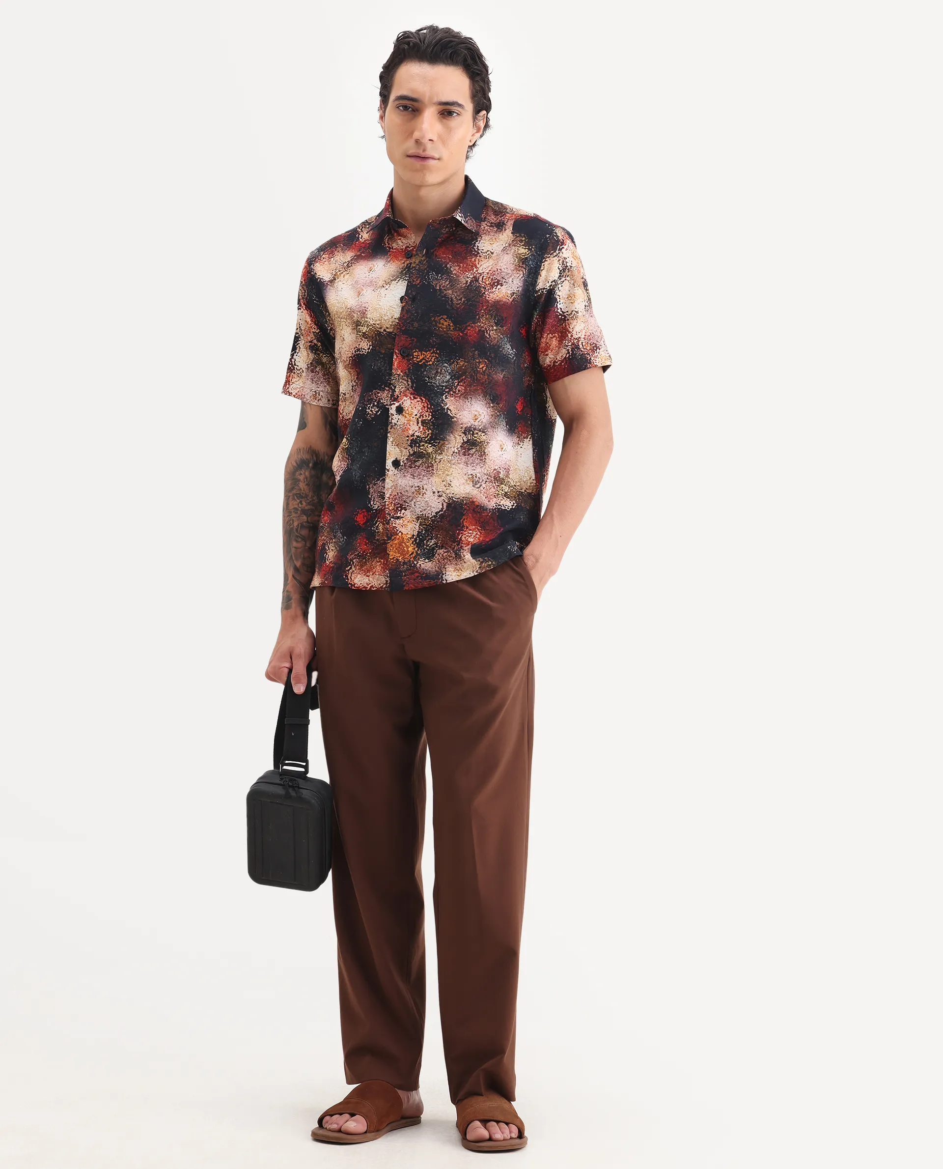 Rare Rabbit Men's Trou Black Viscose Blend Fabric Collared Neck Regular Fit Abstract Print Shirt - Image 2