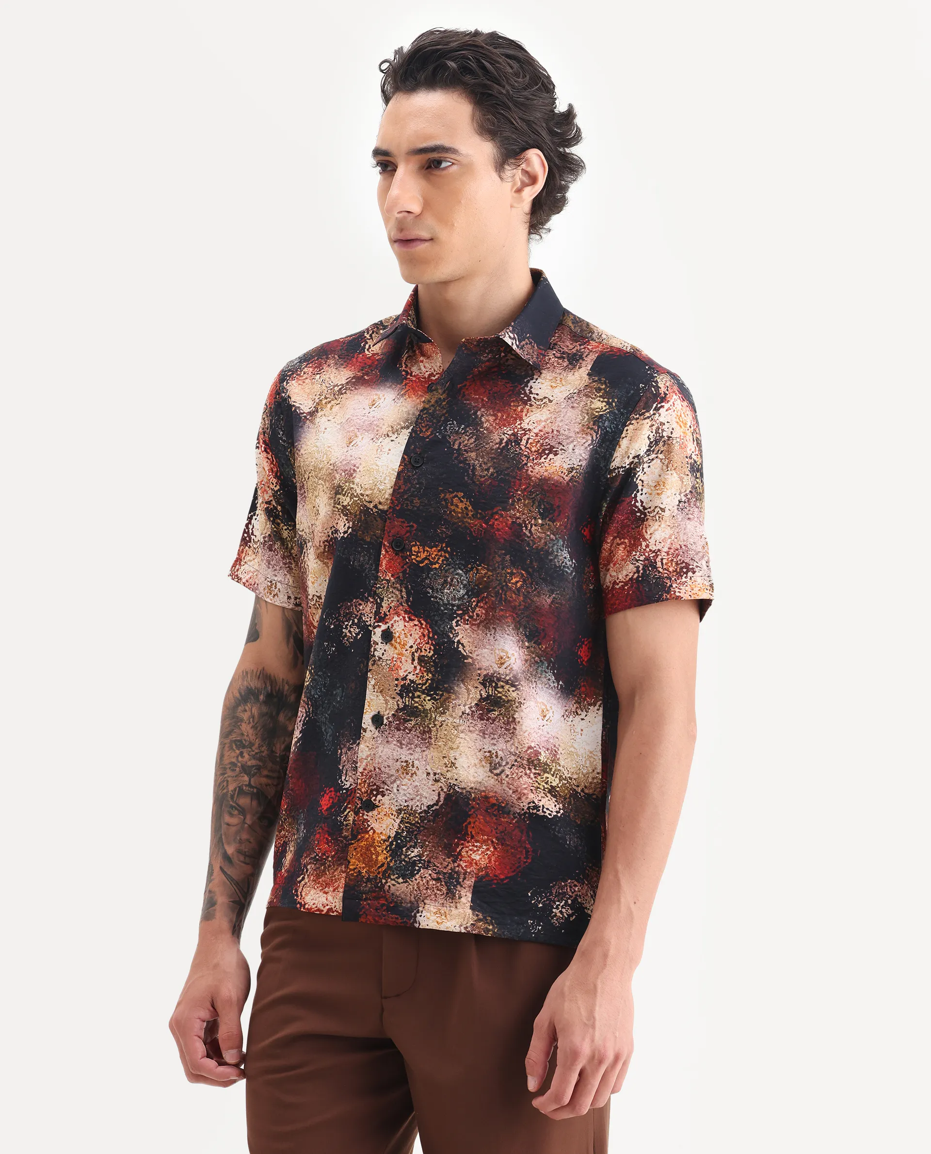 Rare Rabbit Men's Trou Black Viscose Blend Fabric Collared Neck Regular Fit Abstract Print Shirt - Image 3