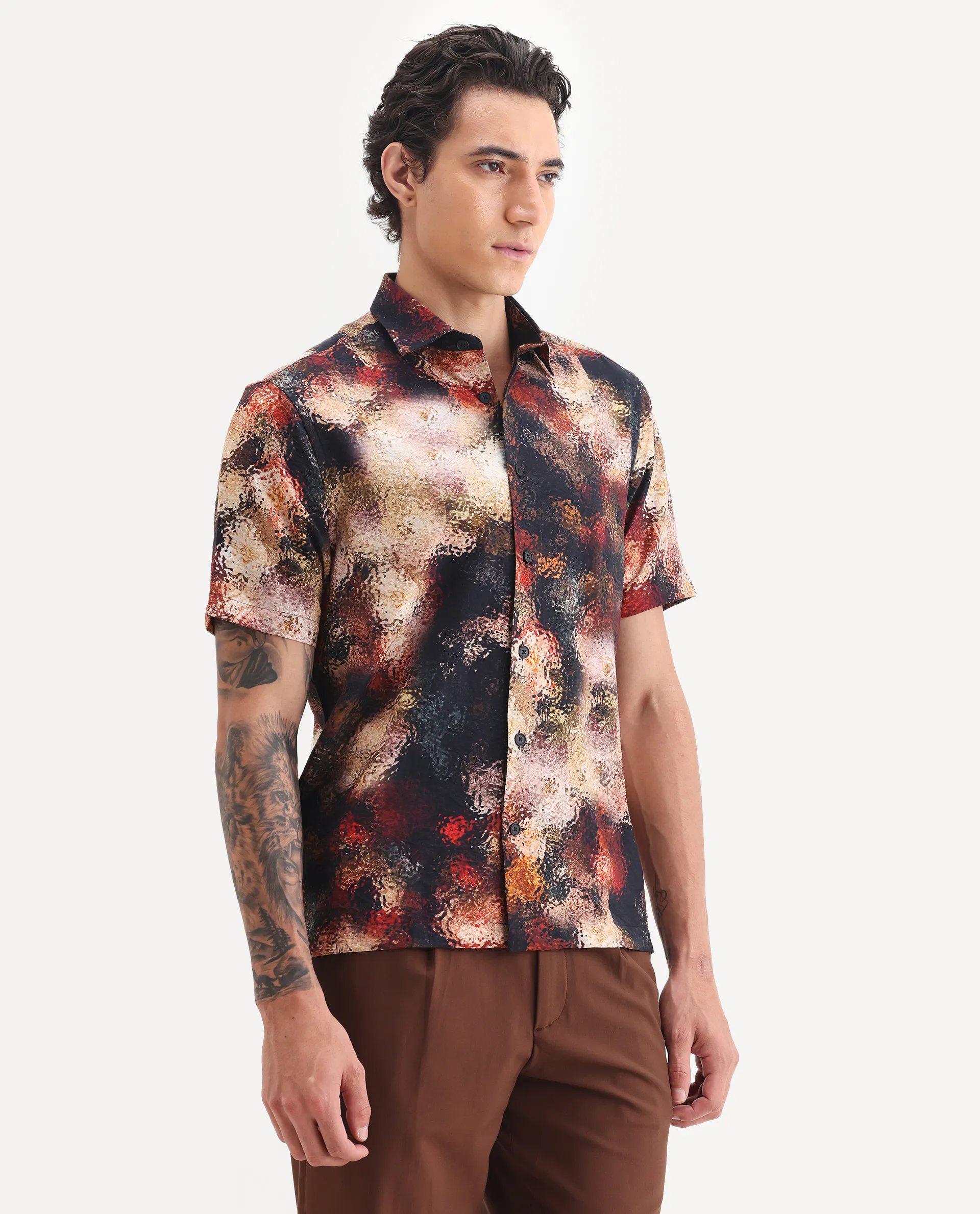 Rare Rabbit Men's Trou Black Viscose Blend Fabric Collared Neck Regular Fit Abstract Print Shirt - Image 4