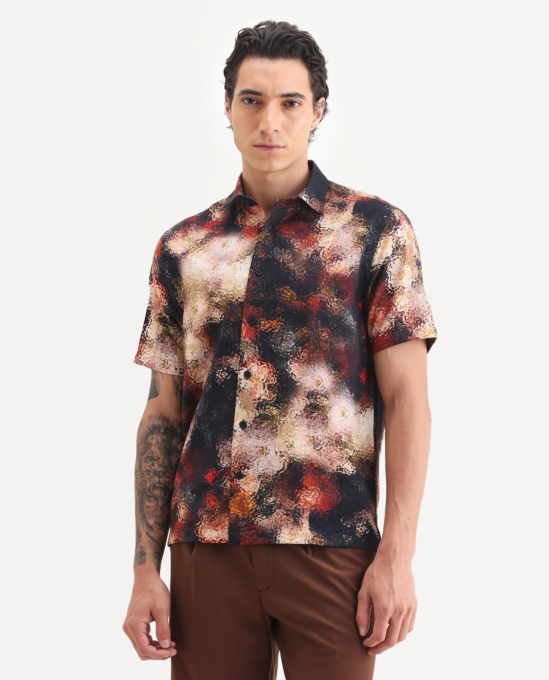 Rare Rabbit Men's Trou Black Viscose Blend Fabric Collared Neck Regular Fit Abstract Print Shirt - Image 5