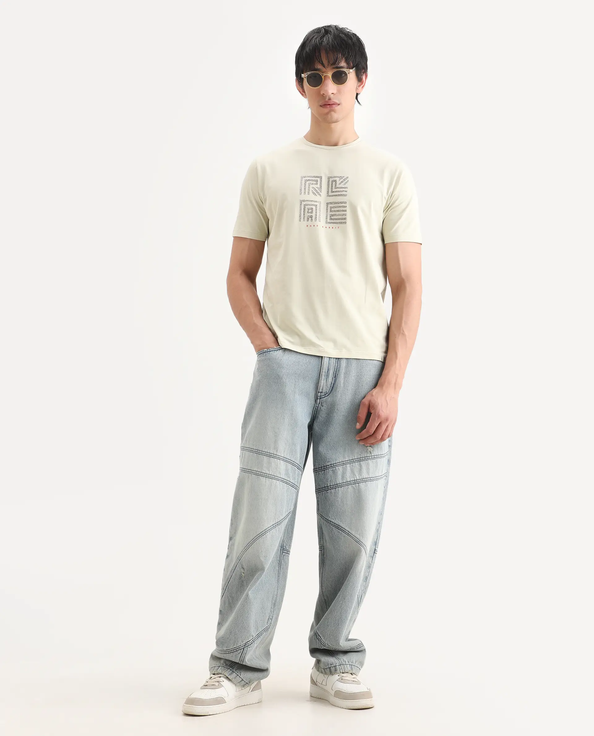 Rare Rabbit Men's Trov Pastel Green Cotton Blend Fabric Half Sleeve Crew Neck Regular Fit Graphic Print T-Shirt - Image 2