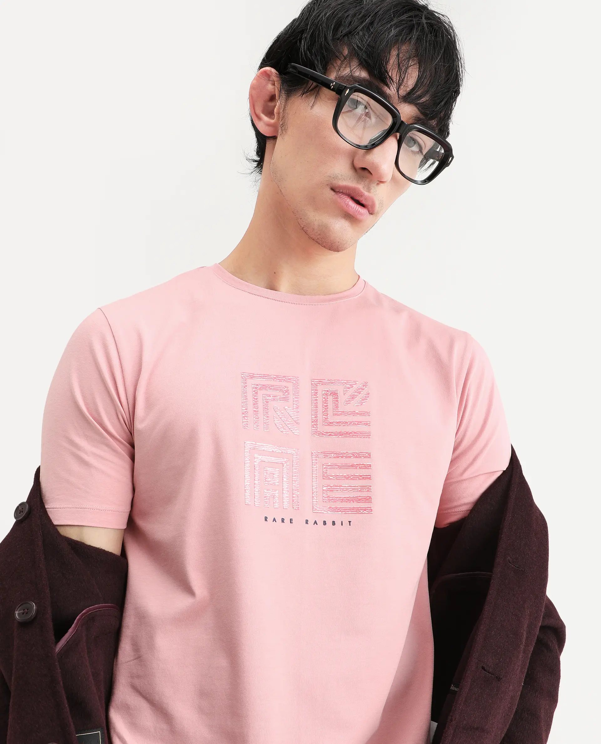 Rare Rabbit Men's Trov Pastel Peach Cotton Blend Fabric Half Sleeve Crew Neck Regular Fit Graphic Print T-Shirt