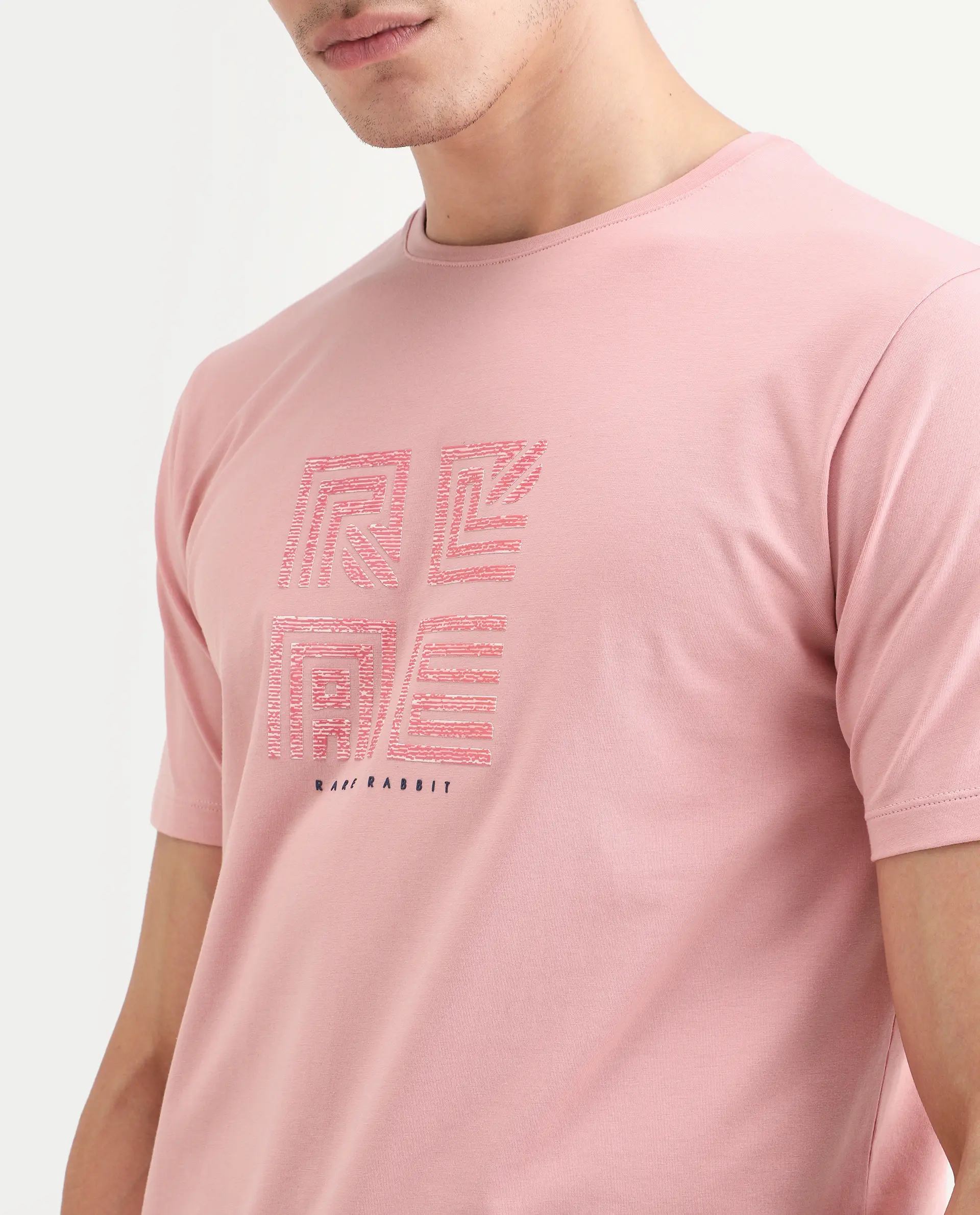 Rare Rabbit Men's Trov Pastel Peach Cotton Blend Fabric Half Sleeve Crew Neck Regular Fit Graphic Print T-Shirt - Image 3