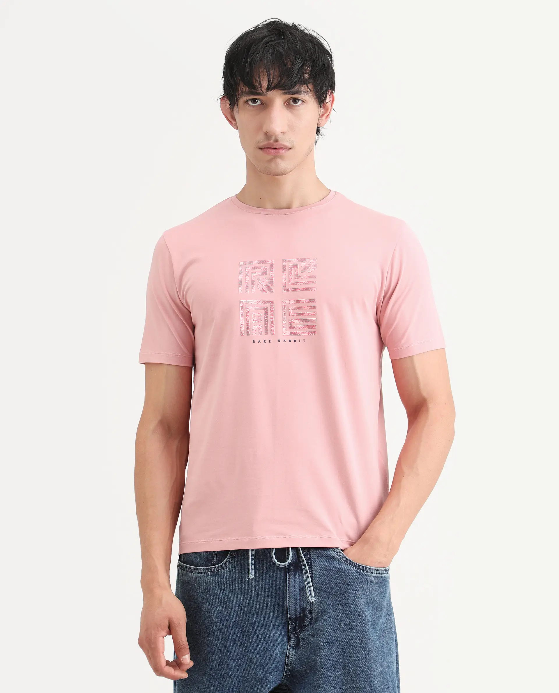 Rare Rabbit Men's Trov Pastel Peach Cotton Blend Fabric Half Sleeve Crew Neck Regular Fit Graphic Print T-Shirt - Image 4