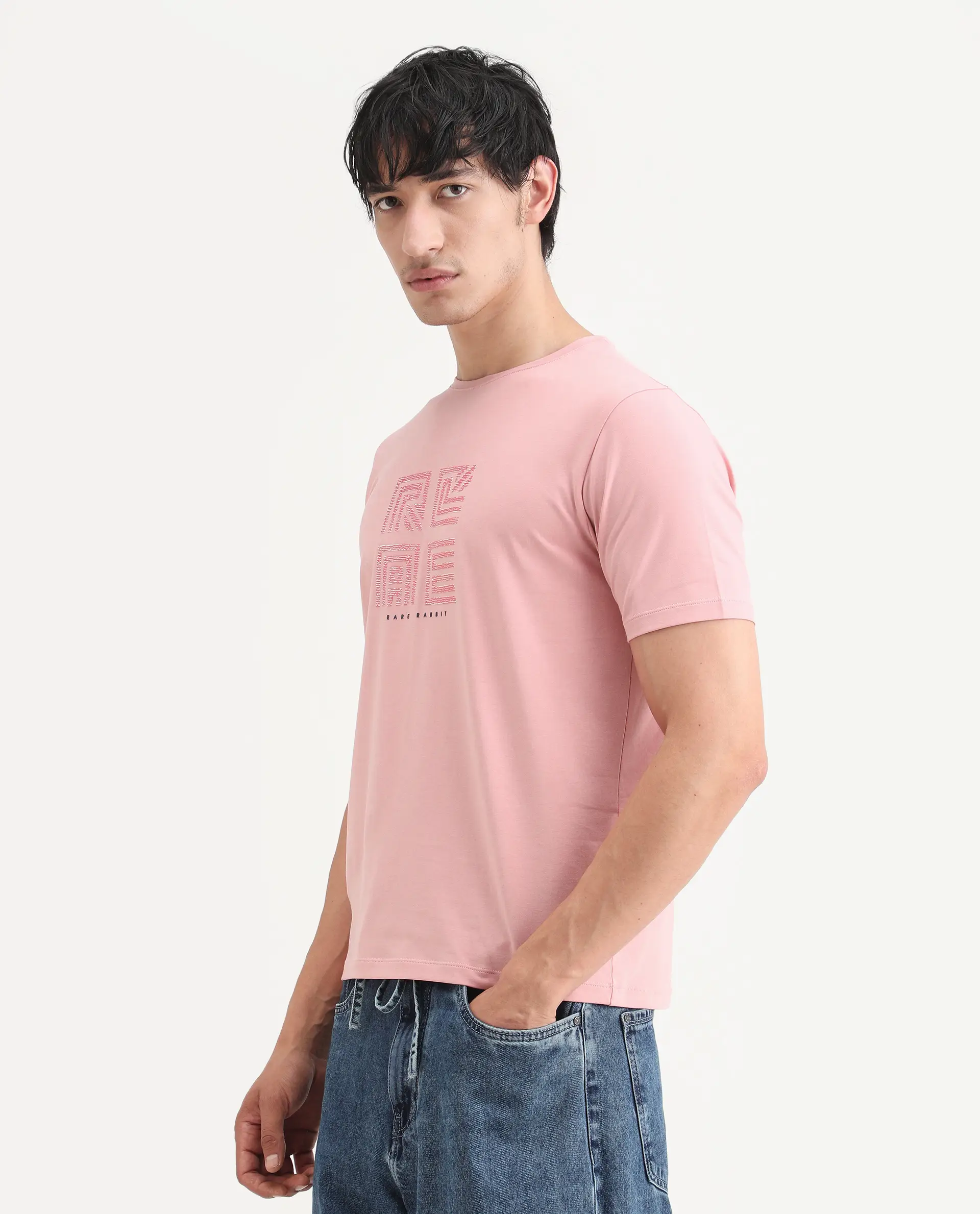 Rare Rabbit Men's Trov Pastel Peach Cotton Blend Fabric Half Sleeve Crew Neck Regular Fit Graphic Print T-Shirt - Image 5