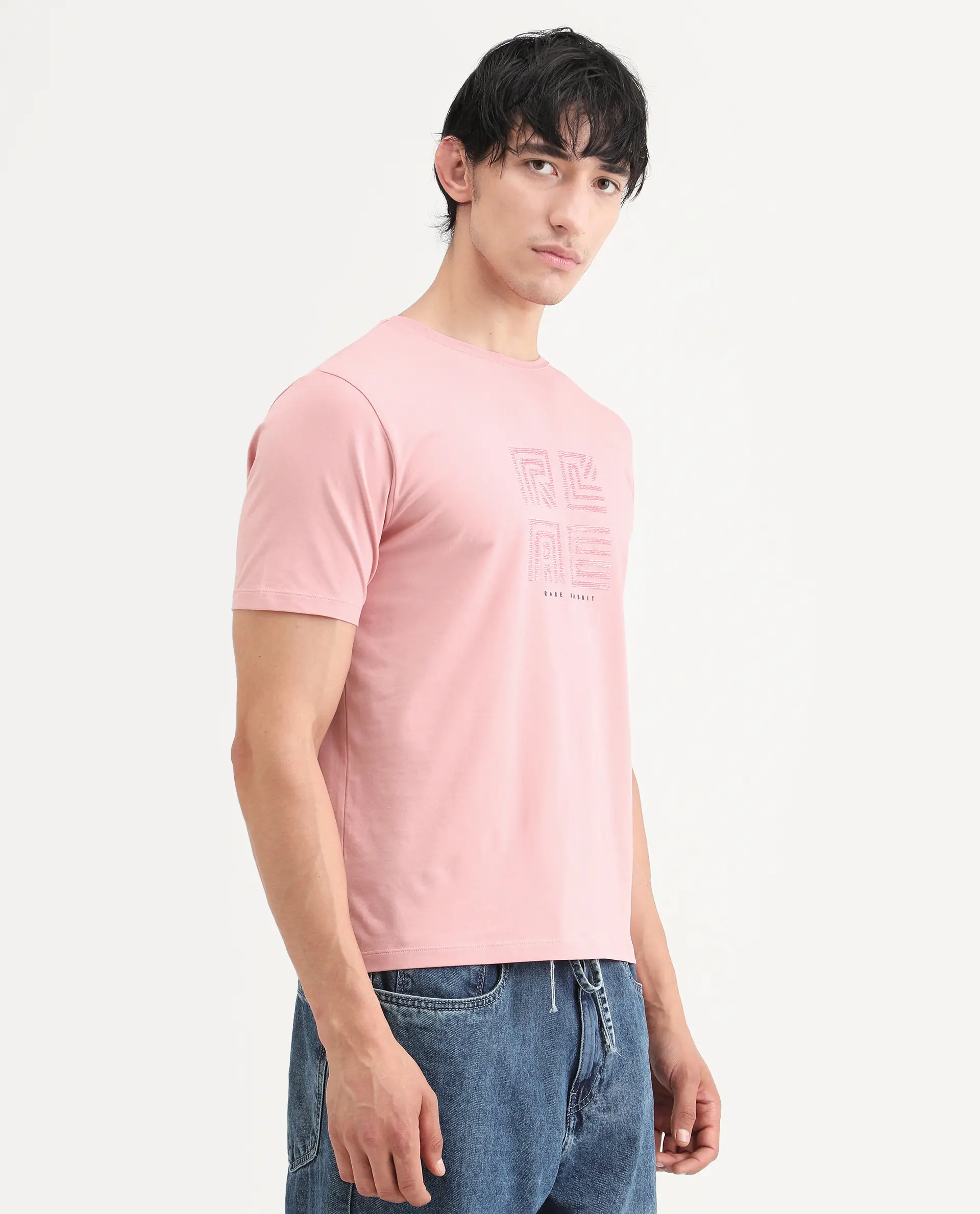 Rare Rabbit Men's Trov Pastel Peach Cotton Blend Fabric Half Sleeve Crew Neck Regular Fit Graphic Print T-Shirt - Image 6