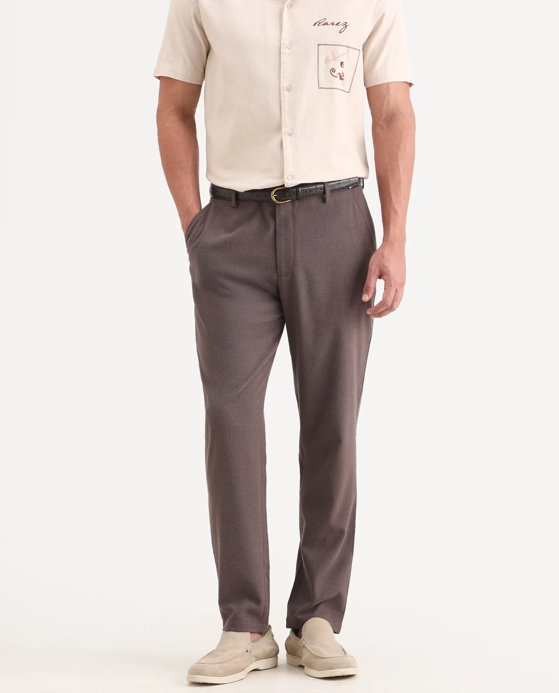 Rare Rabbit Men's Trove Dusky Brown Polyester Blend Fabric Regular Fit Textured Trouser - Image 2