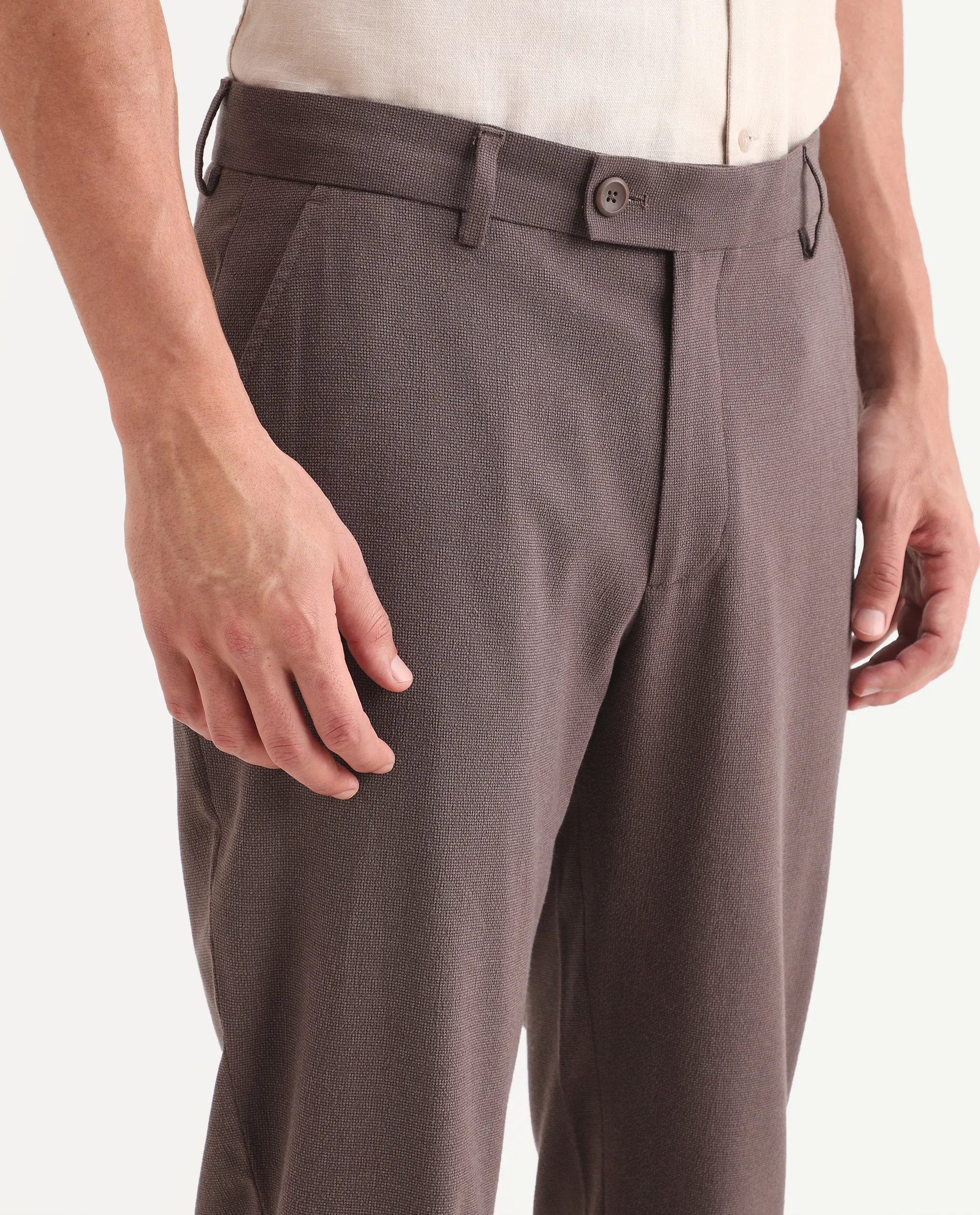 Rare Rabbit Men's Trove Dusky Brown Polyester Blend Fabric Regular Fit Textured Trouser - Image 3
