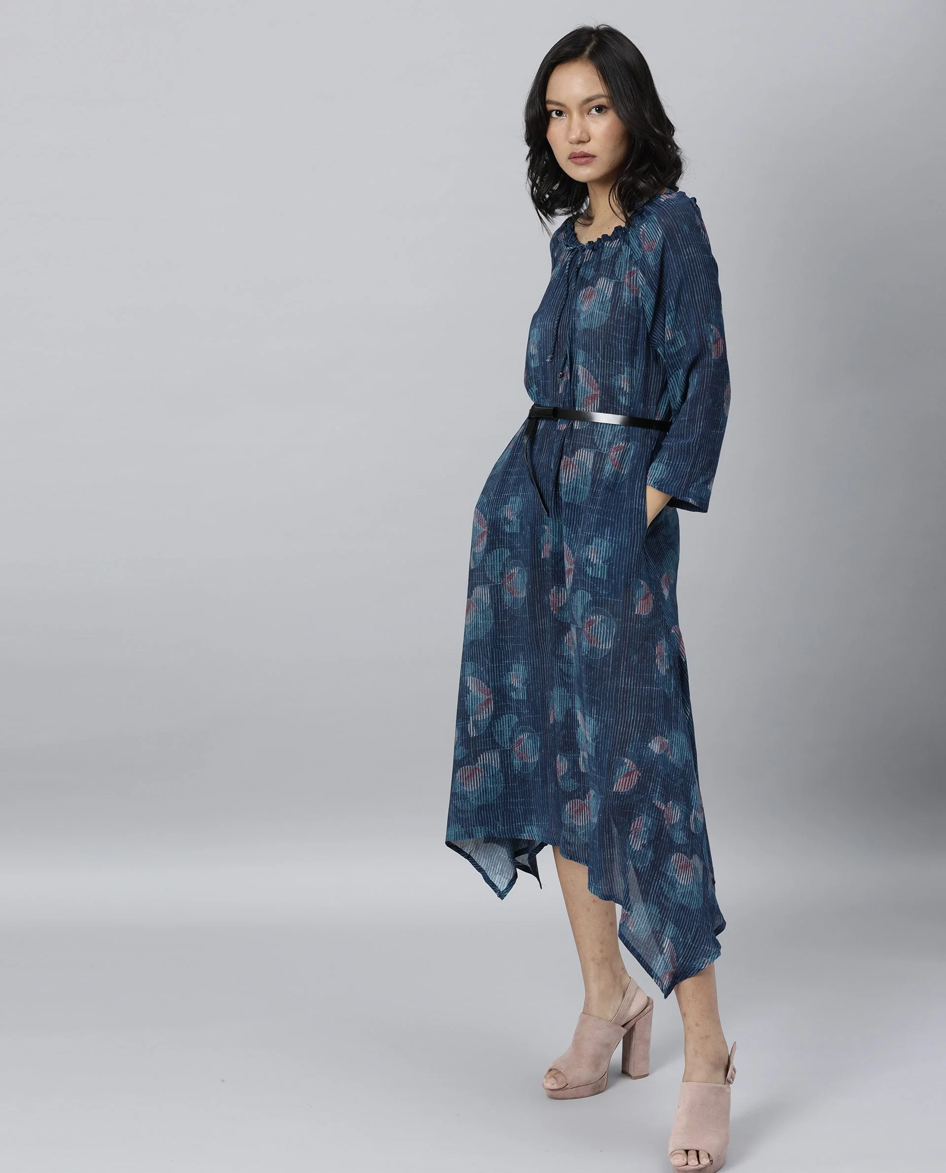 Rareism Women Troy Blue Dress Short Sleeves Printed