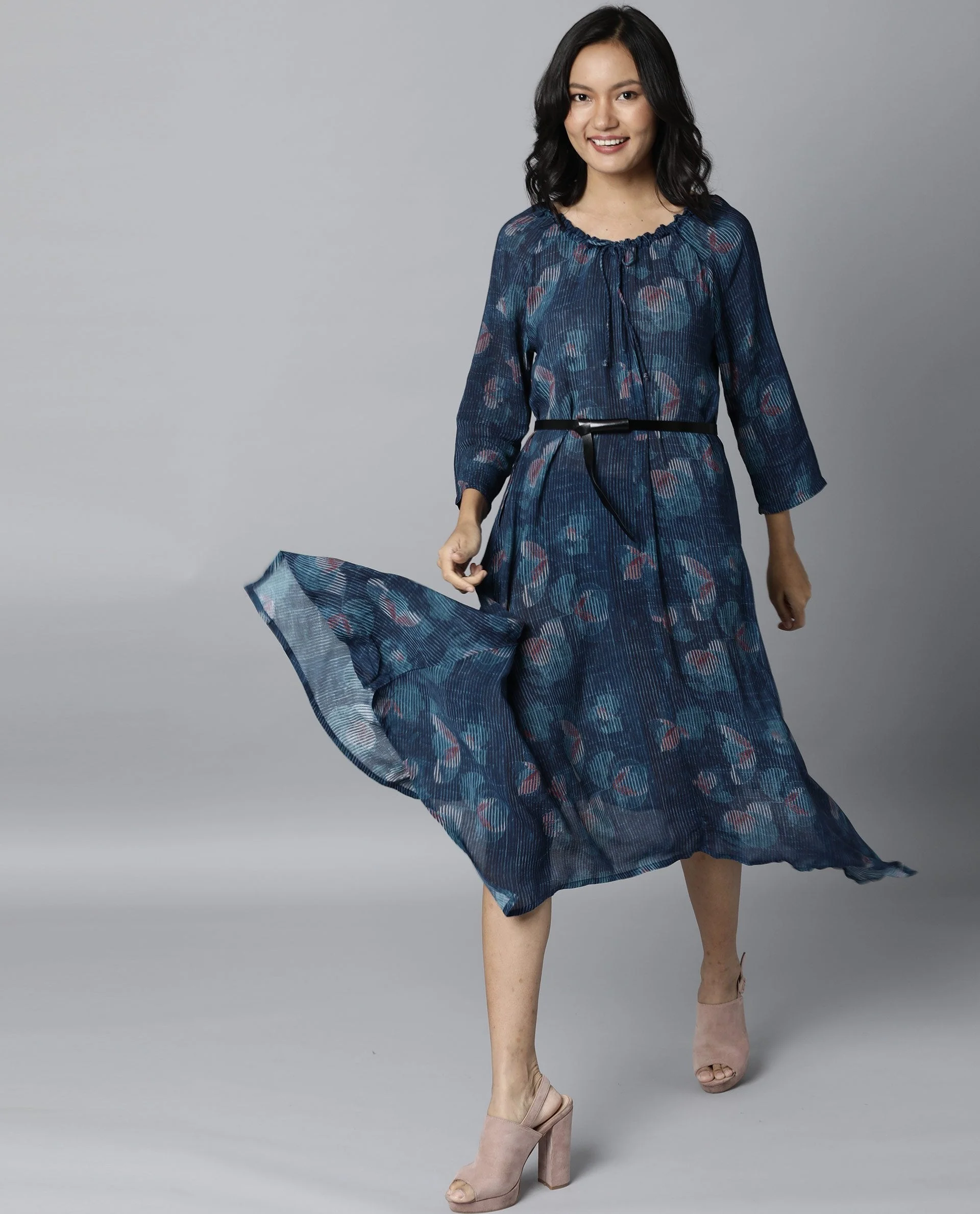 Rareism Women Troy Blue Dress Short Sleeves Printed - Image 3