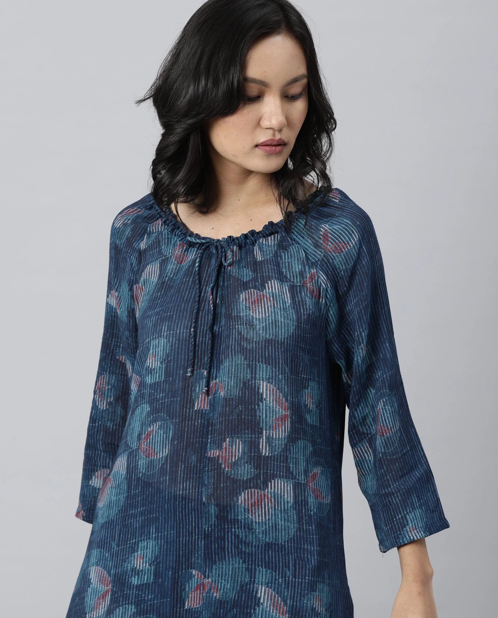 Rareism Women Troy Blue Dress Short Sleeves Printed - Image 5