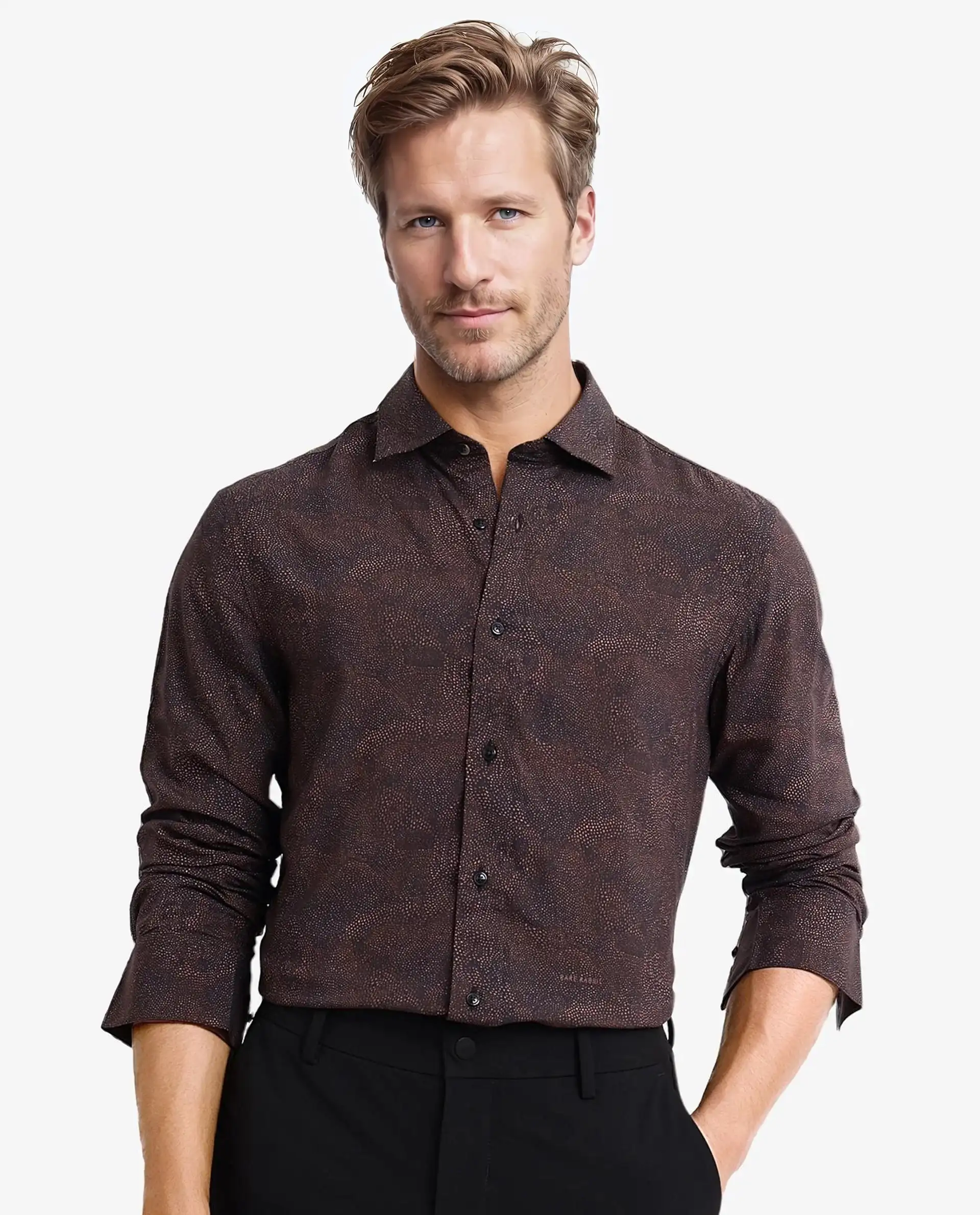 Rare Rabbit Men's Troyen Black Viscose Geometric Print Regular Fit Full Sleeve Collared Shirt