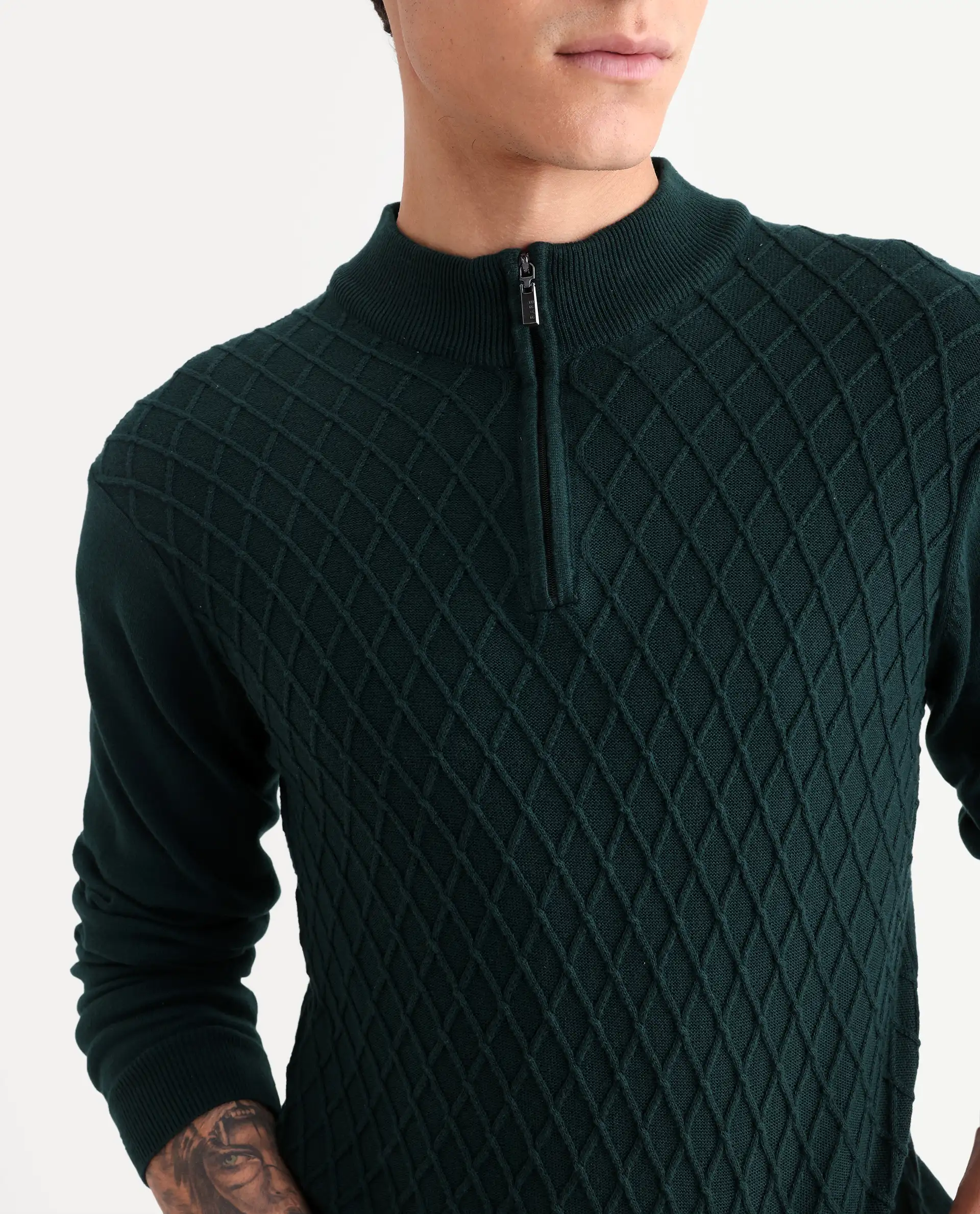 Rare Rabbit Men's Troyer Green Cotton Textured Relaxed Fit Full Sleeve High Neck Sweater