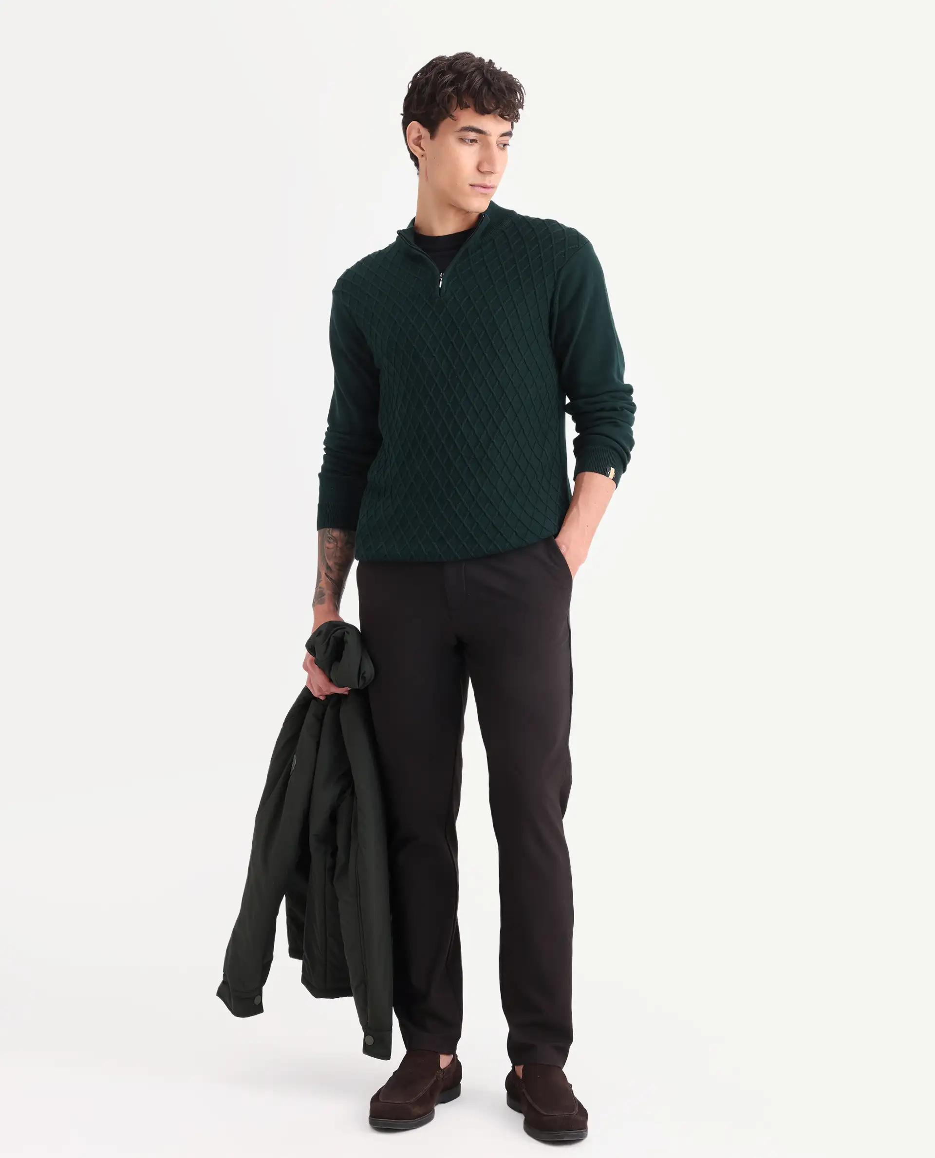 Rare Rabbit Men's Troyer Green Cotton Textured Relaxed Fit Full Sleeve High Neck Sweater - Image 2