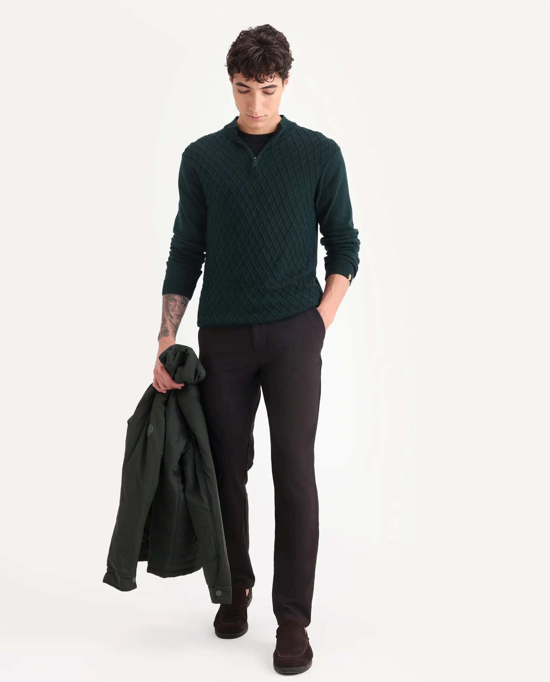 Rare Rabbit Men's Troyer Green Cotton Textured Relaxed Fit Full Sleeve High Neck Sweater - Image 3
