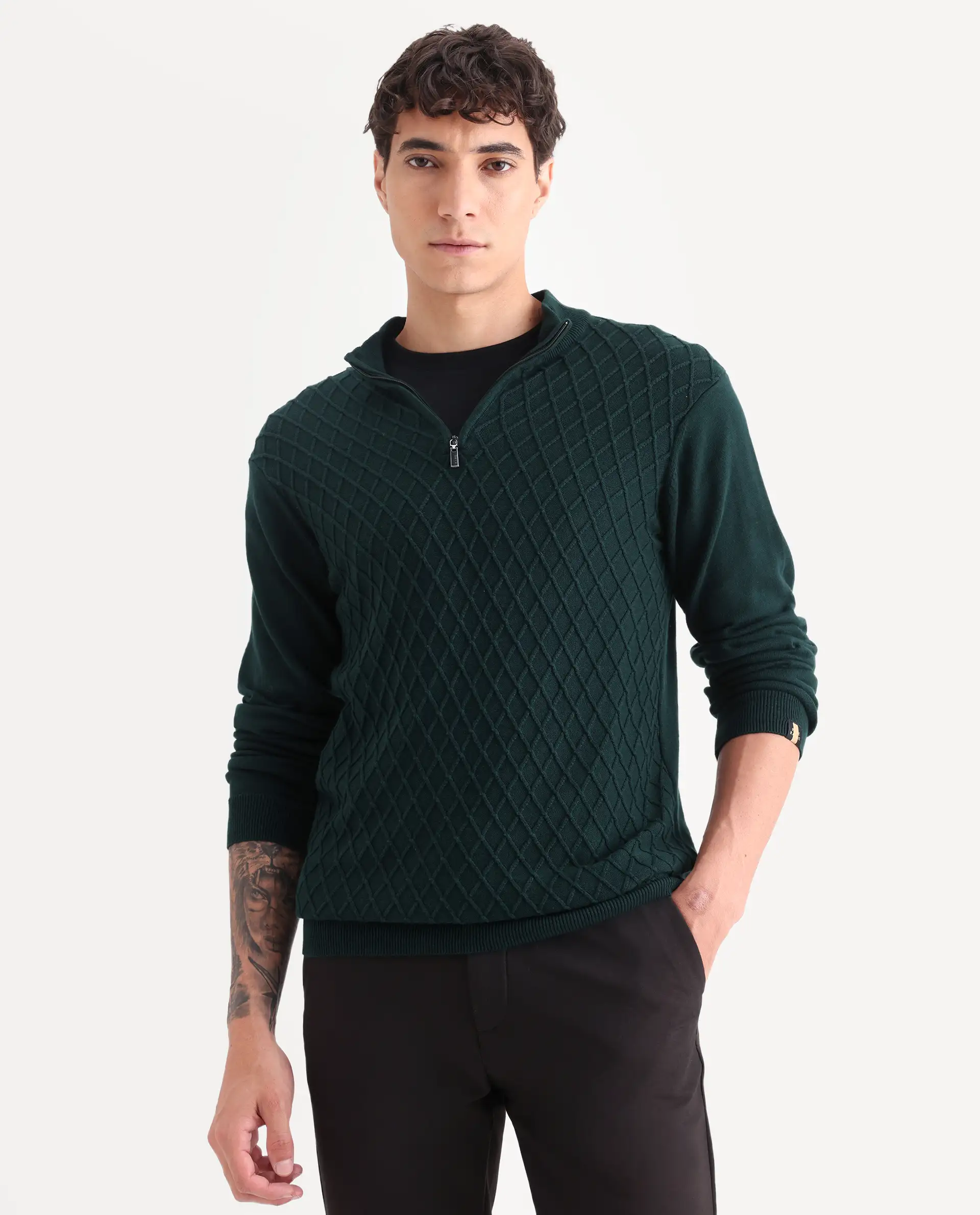 Rare Rabbit Men's Troyer Green Cotton Textured Relaxed Fit Full Sleeve High Neck Sweater - Image 4
