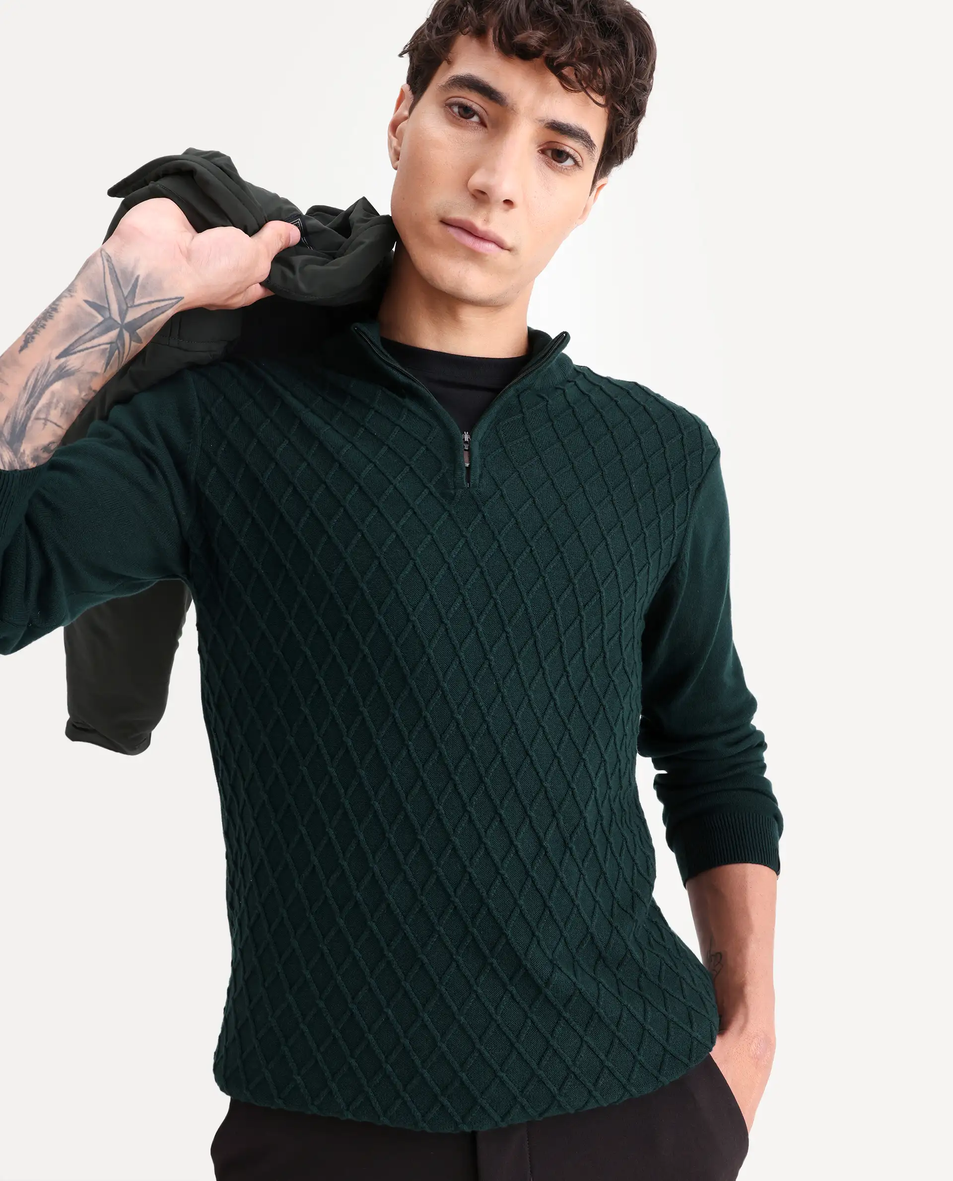 Rare Rabbit Men's Troyer Green Cotton Textured Relaxed Fit Full Sleeve High Neck Sweater - Image 5
