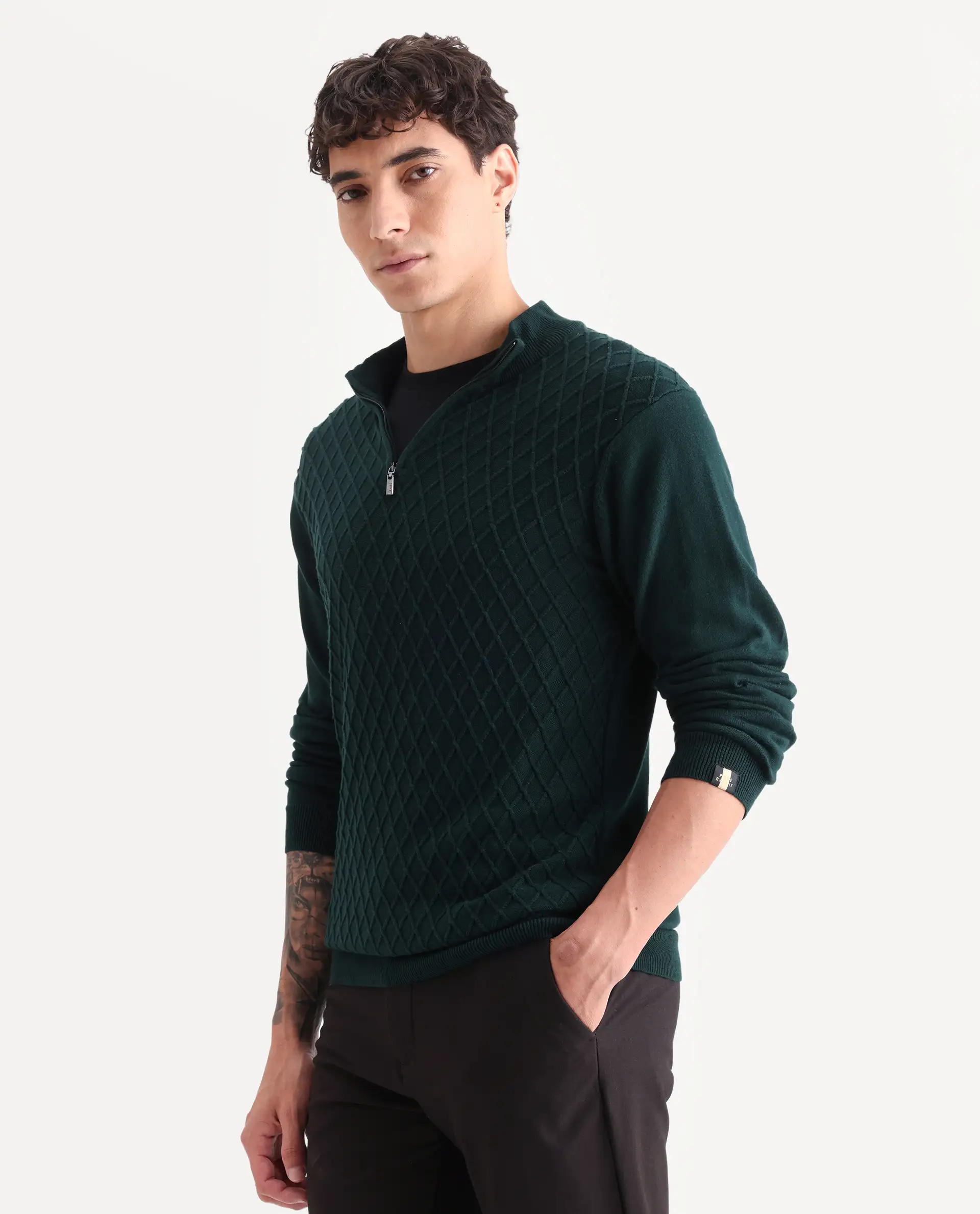 Rare Rabbit Men's Troyer Green Cotton Textured Relaxed Fit Full Sleeve High Neck Sweater - Image 6