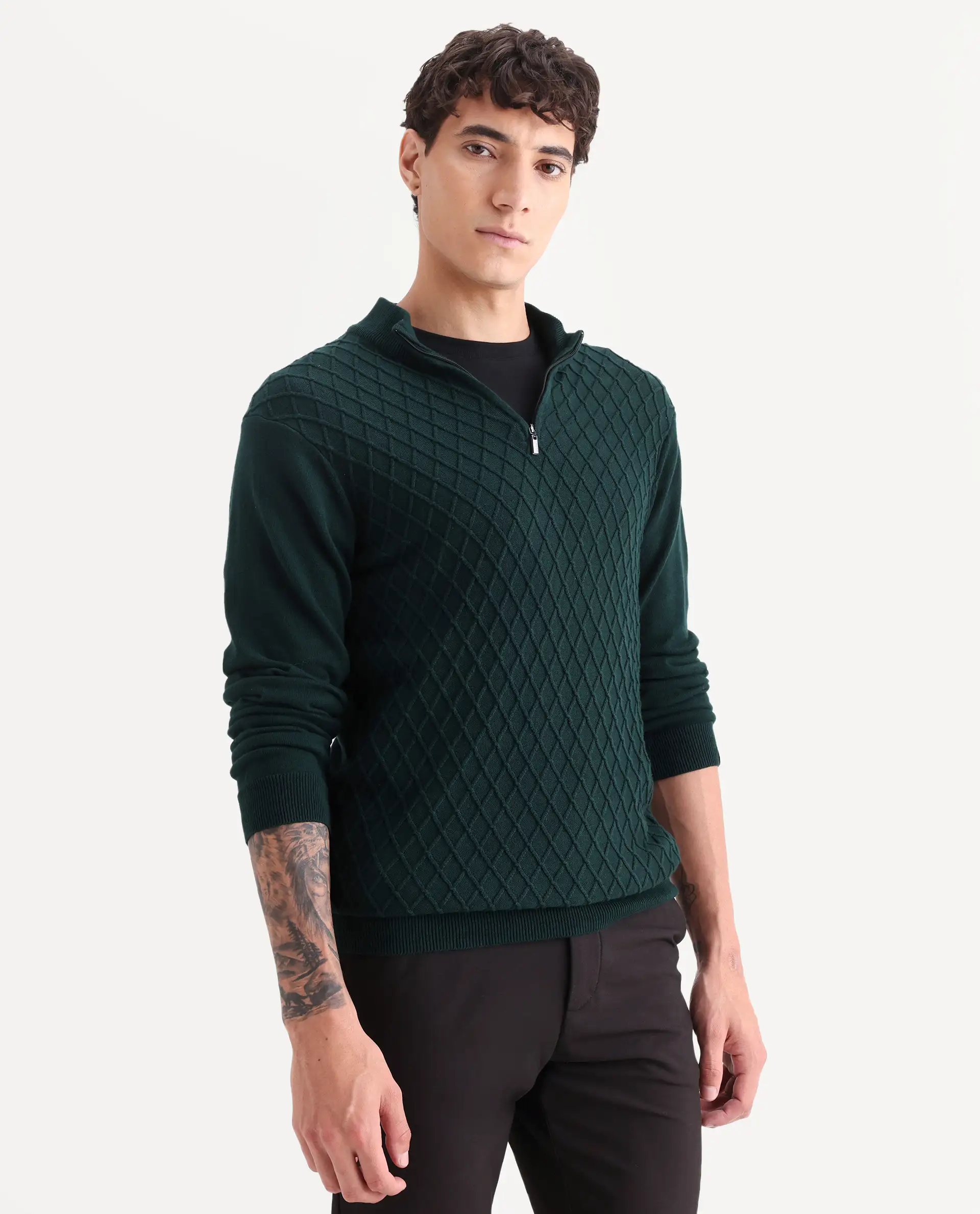 Rare Rabbit Men's Troyer Green Cotton Textured Relaxed Fit Full Sleeve High Neck Sweater - Image 7