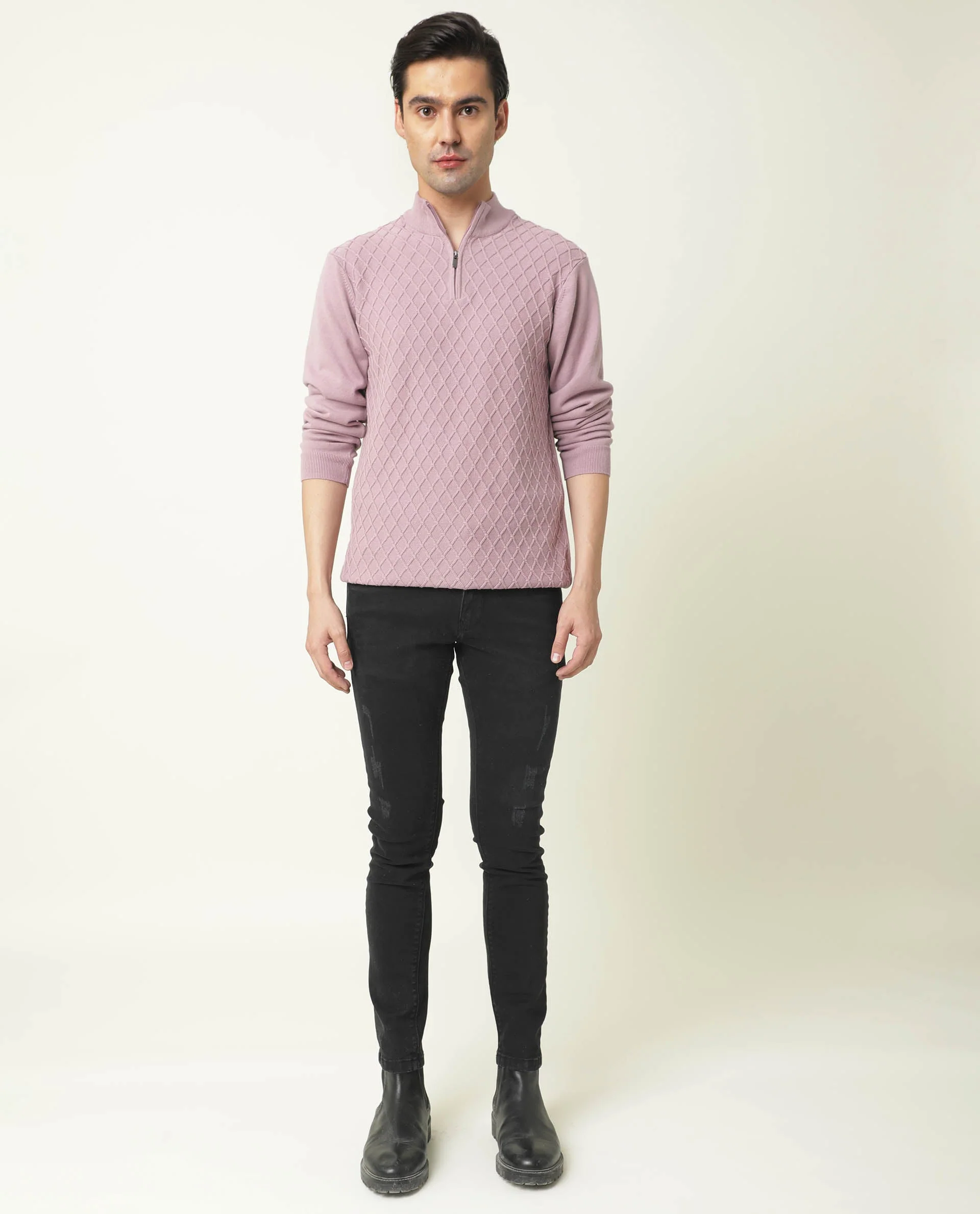 Rare Rabbit Men's Troyer Pink Textured Slim Fit Full Sleeve High Neck Sweater - Image 2