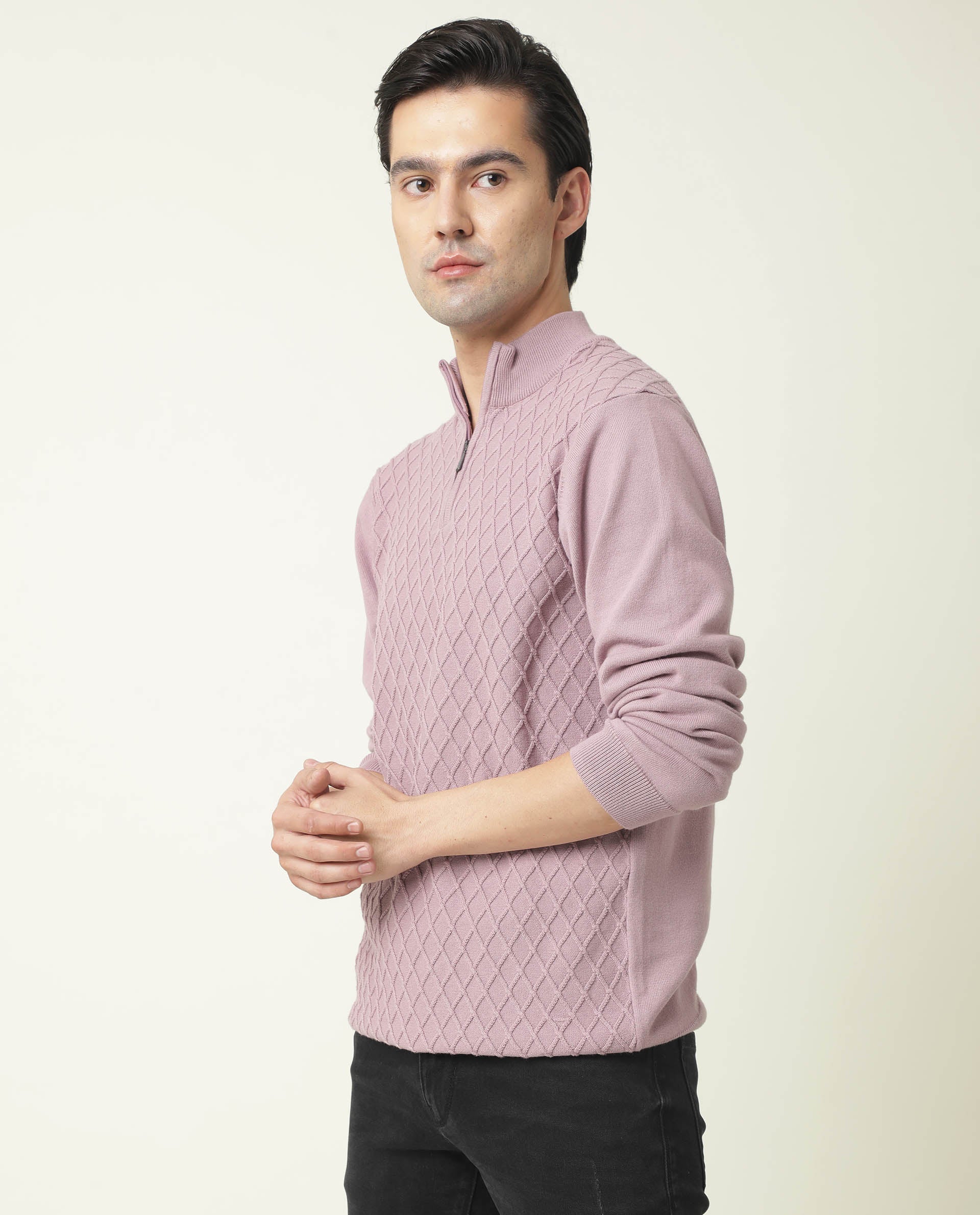Rare Rabbit Men's Troyer Pink Textured Slim Fit Full Sleeve High Neck Sweater - Image 4