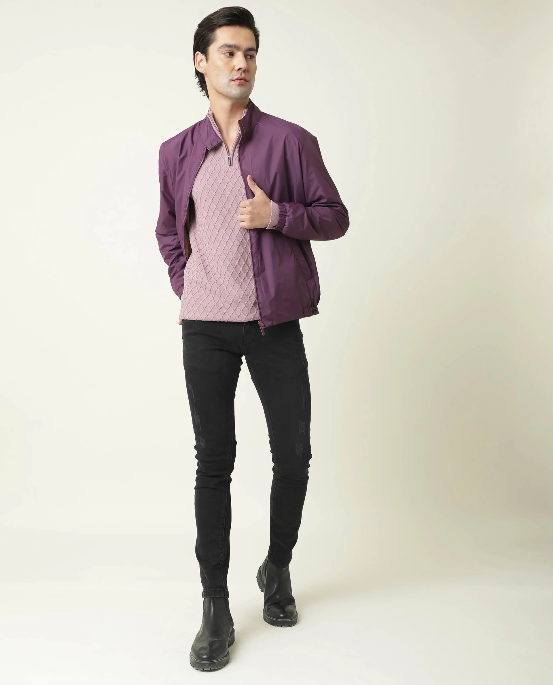 Rare Rabbit Men's Troyer Pink Textured Slim Fit Full Sleeve High Neck Sweater - Image 7