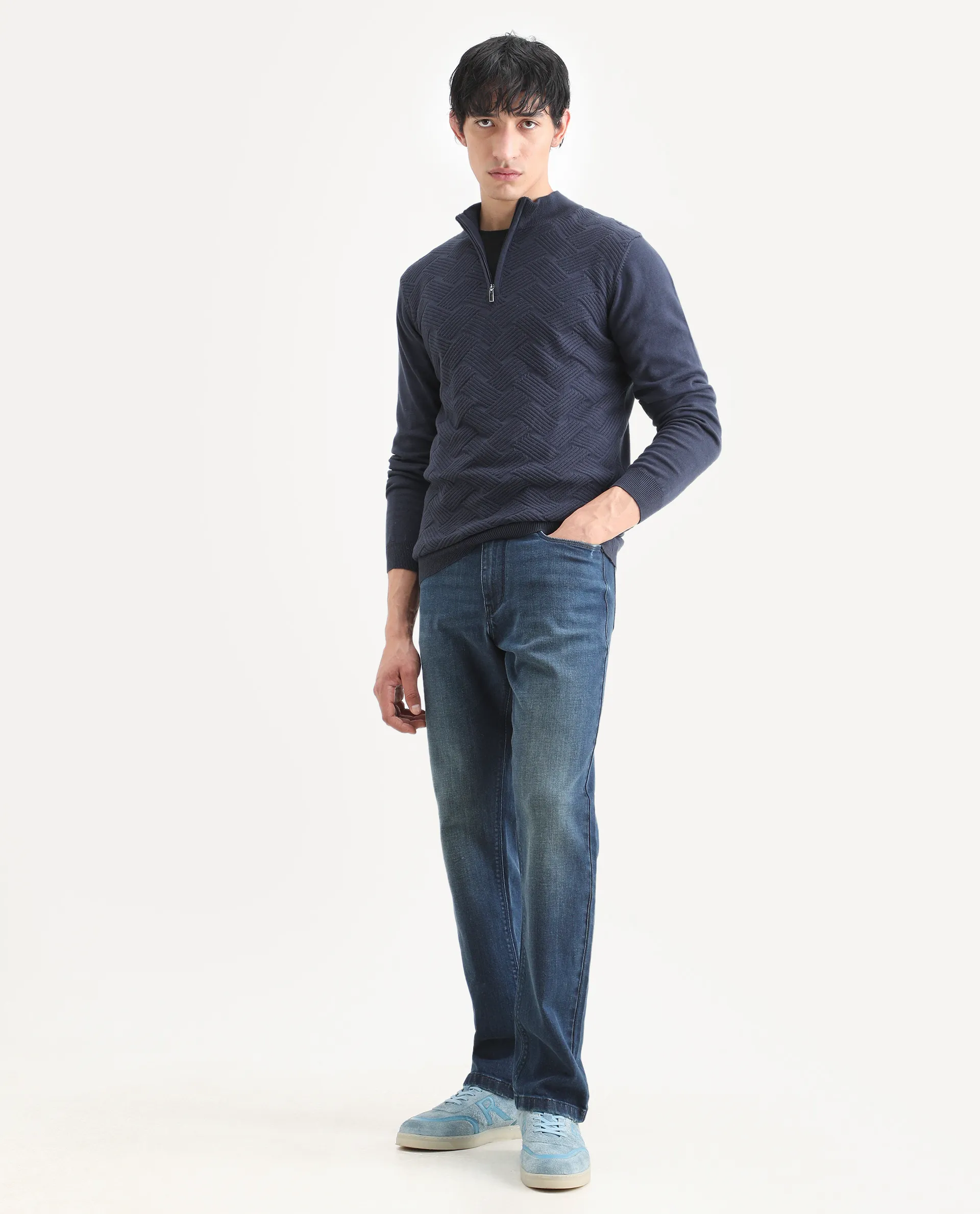 Rare Rabbit Men's Troyo Blue Cotton Textured Relaxed Fit Full Sleeve High Neck Sweater - Image 2