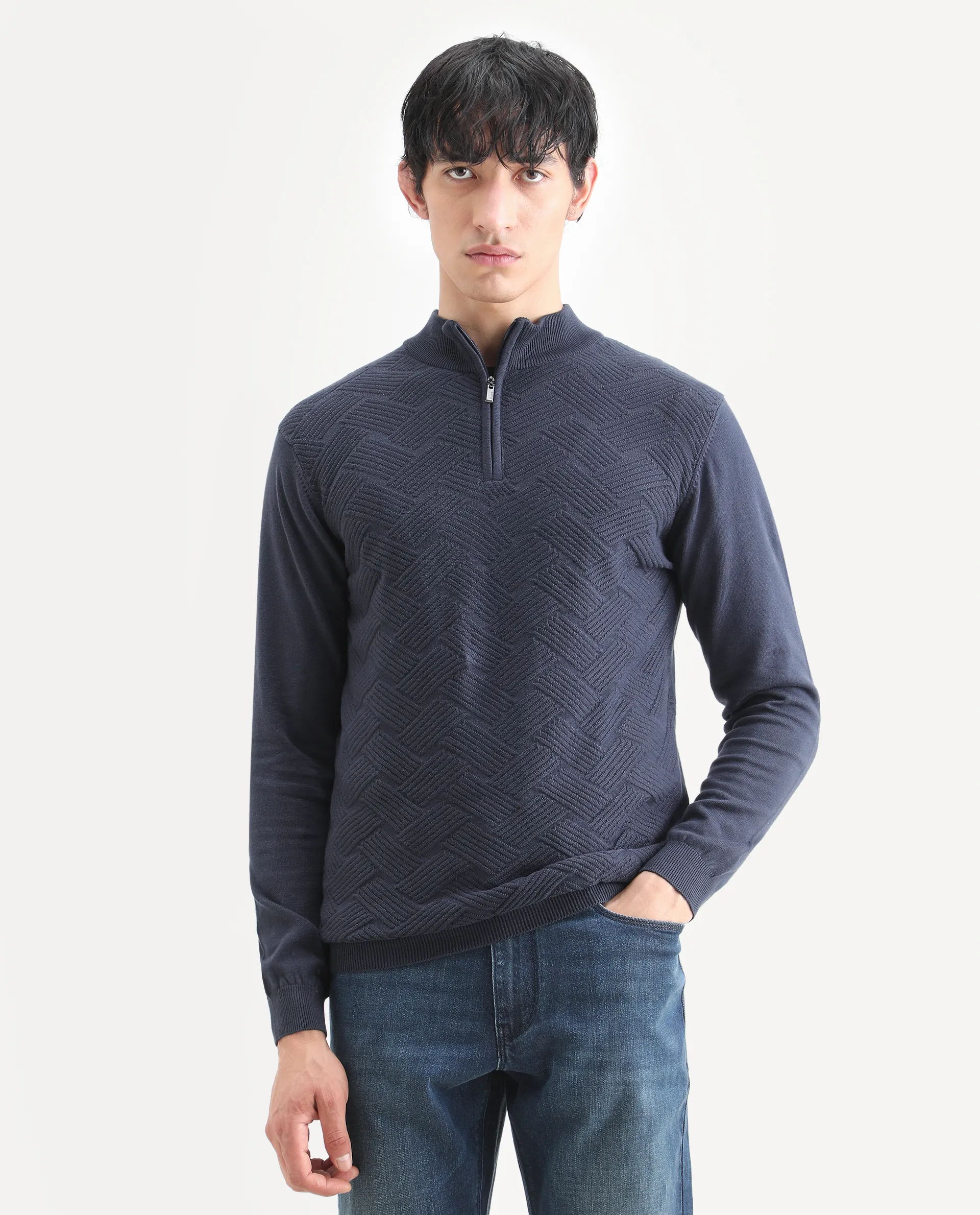 Rare Rabbit Men's Troyo Blue Cotton Textured Relaxed Fit Full Sleeve High Neck Sweater - Image 3