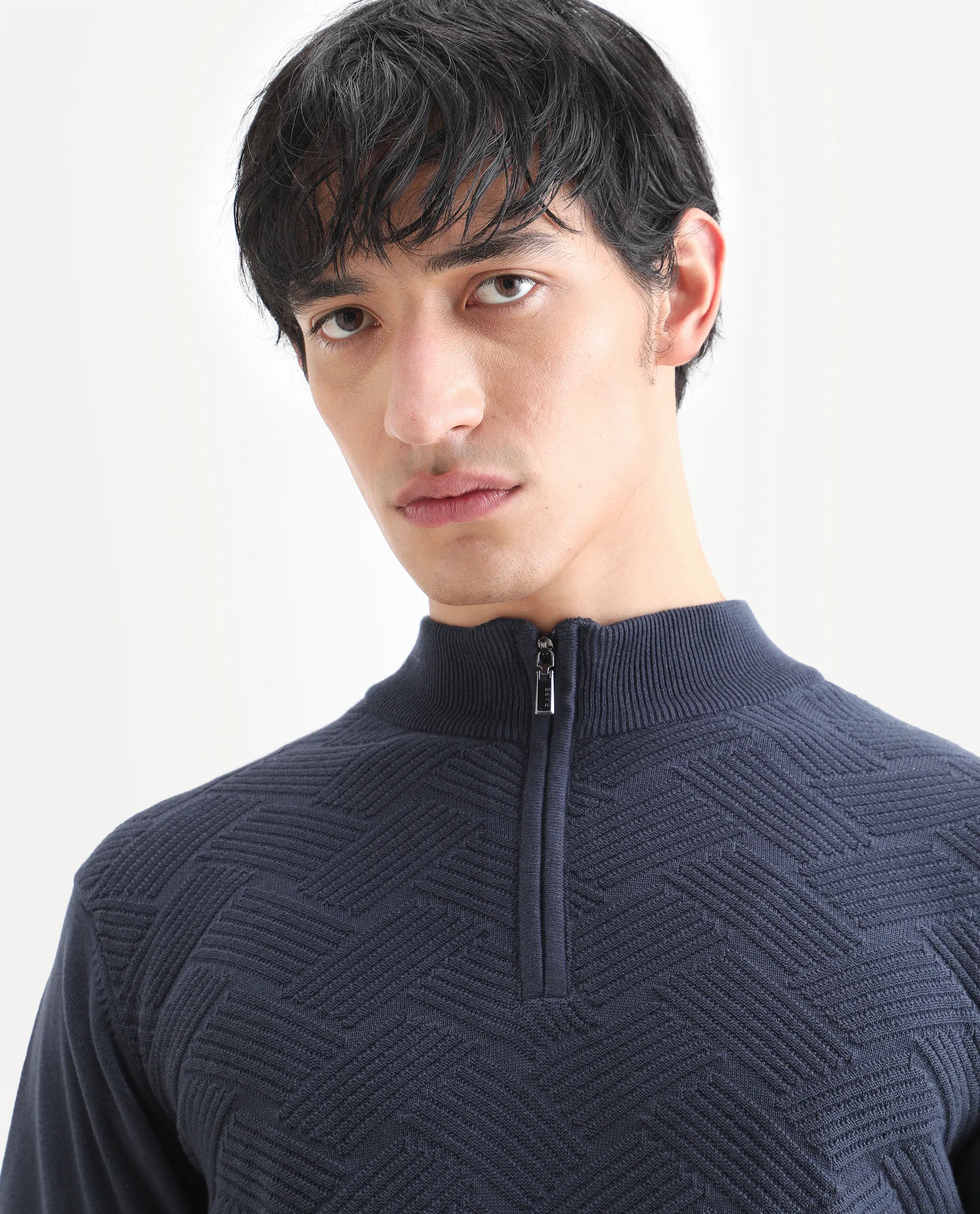 Rare Rabbit Men's Troyo Blue Cotton Textured Relaxed Fit Full Sleeve High Neck Sweater - Image 4