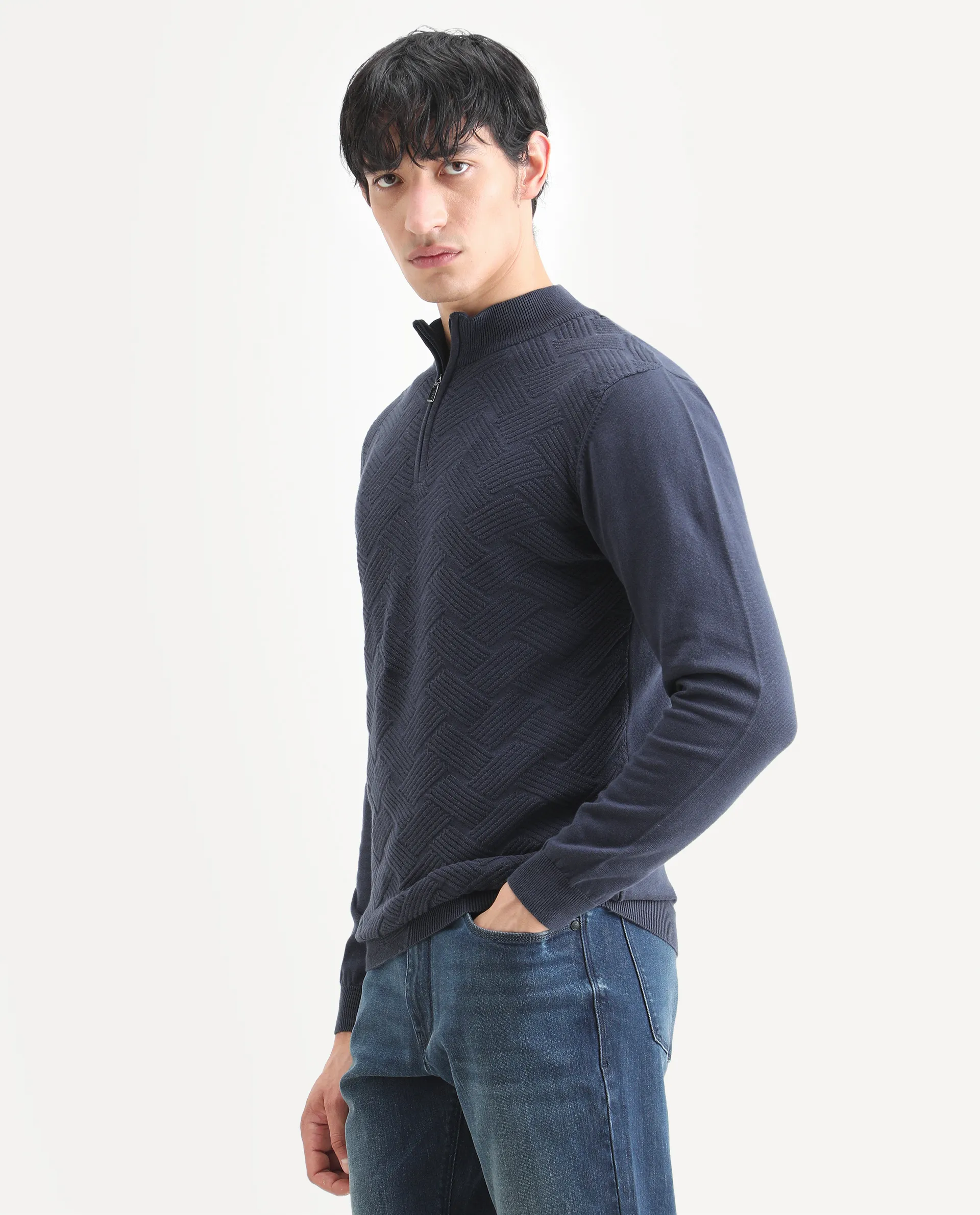 Rare Rabbit Men's Troyo Blue Cotton Textured Relaxed Fit Full Sleeve High Neck Sweater - Image 5