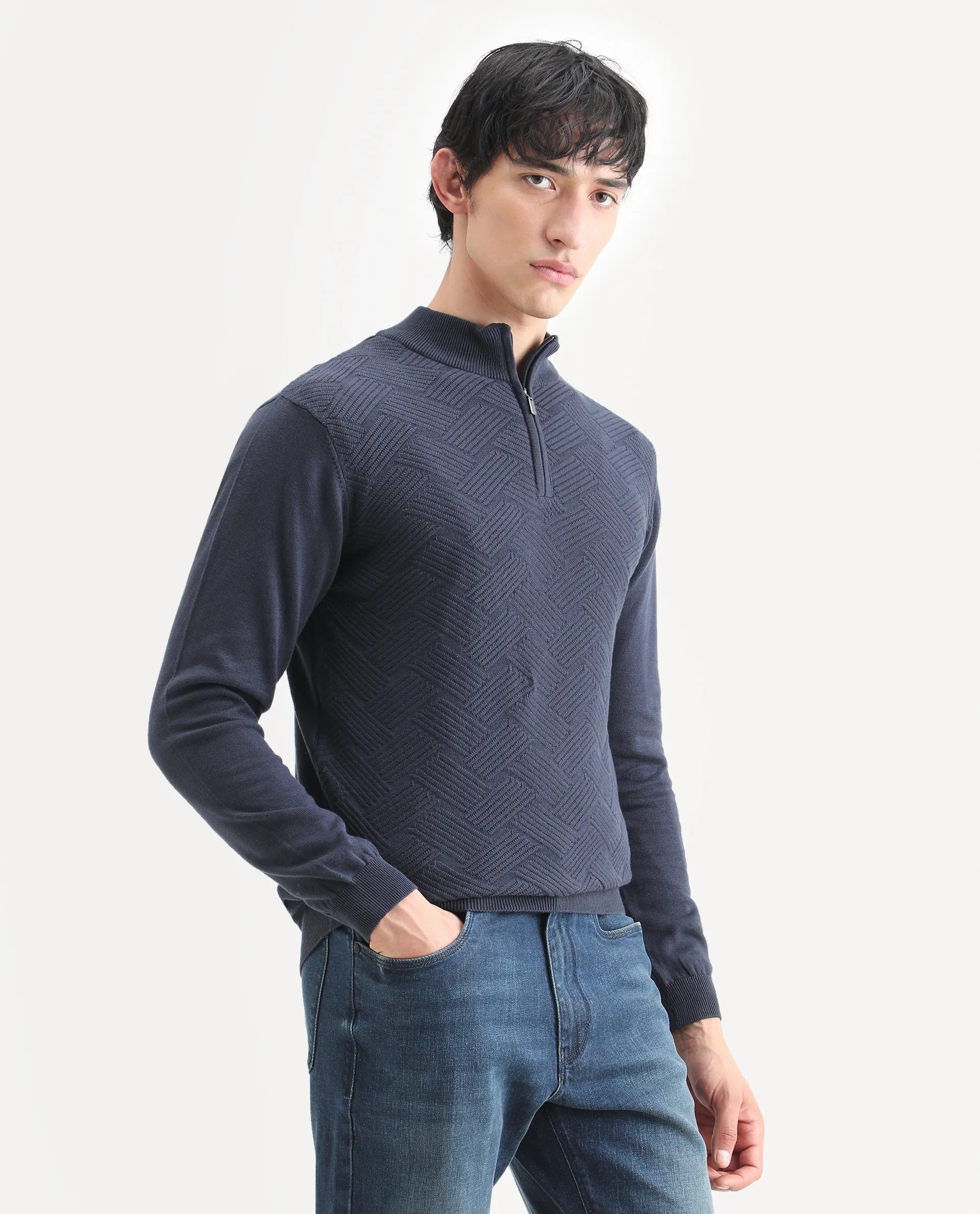 Rare Rabbit Men's Troyo Blue Cotton Textured Relaxed Fit Full Sleeve High Neck Sweater - Image 6