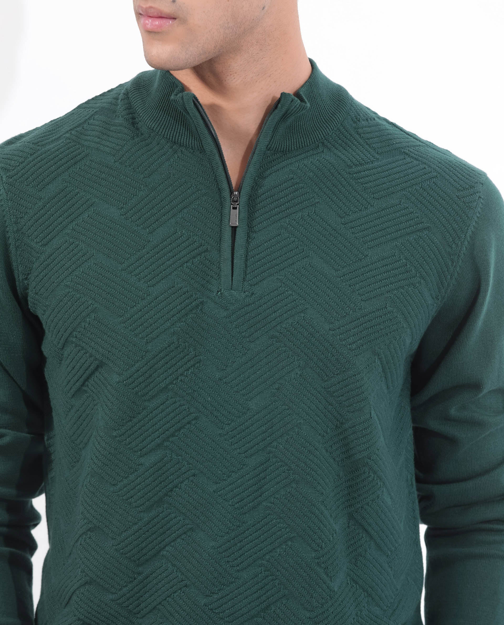Rare Rabbit Men's Troyo Green Cotton Textured Relaxed Fit Full Sleeve High Neck Sweater - Image 2