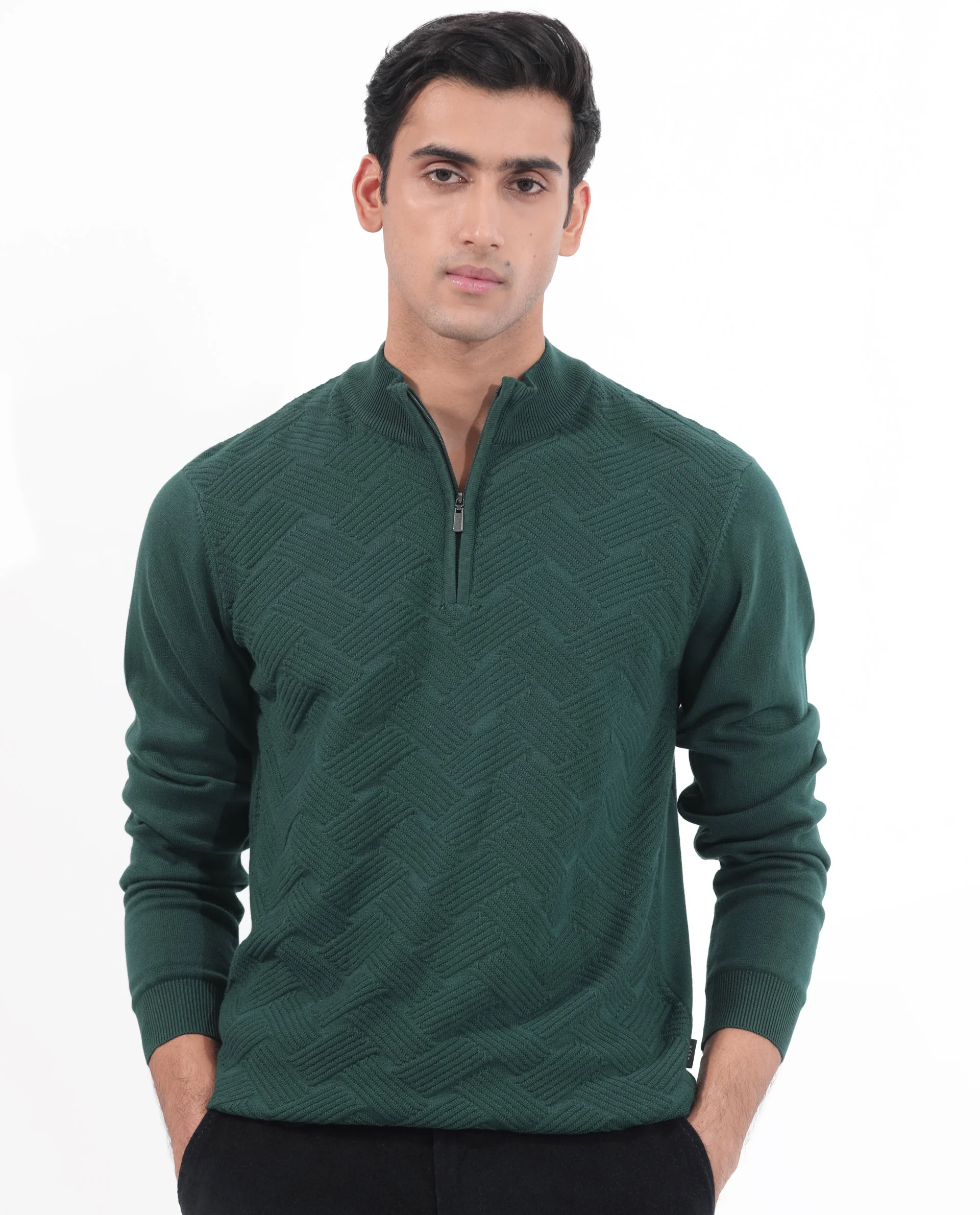 Rare Rabbit Men's Troyo Green Cotton Textured Relaxed Fit Full Sleeve High Neck Sweater - Image 3