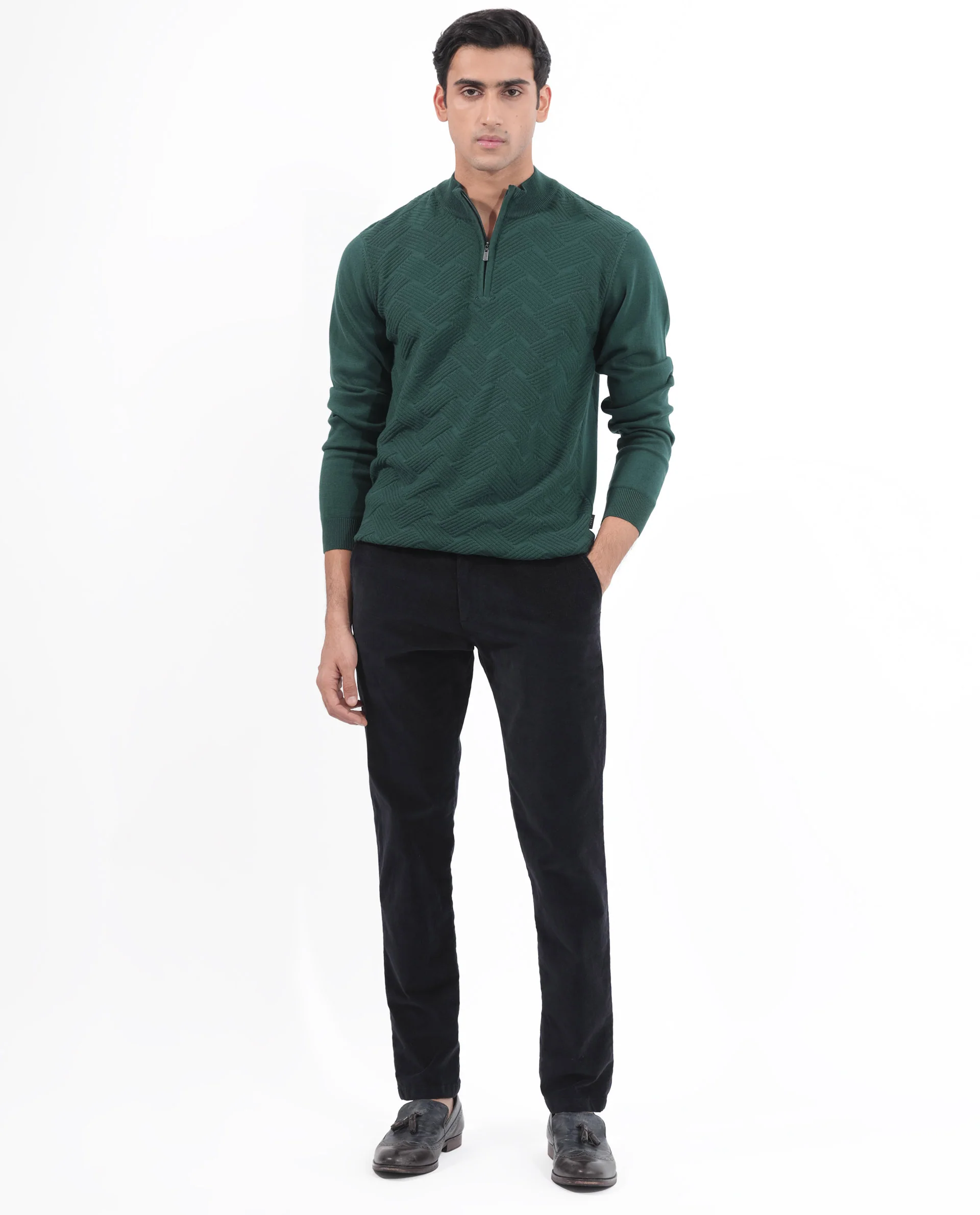 Rare Rabbit Men's Troyo Green Cotton Textured Relaxed Fit Full Sleeve High Neck Sweater - Image 4