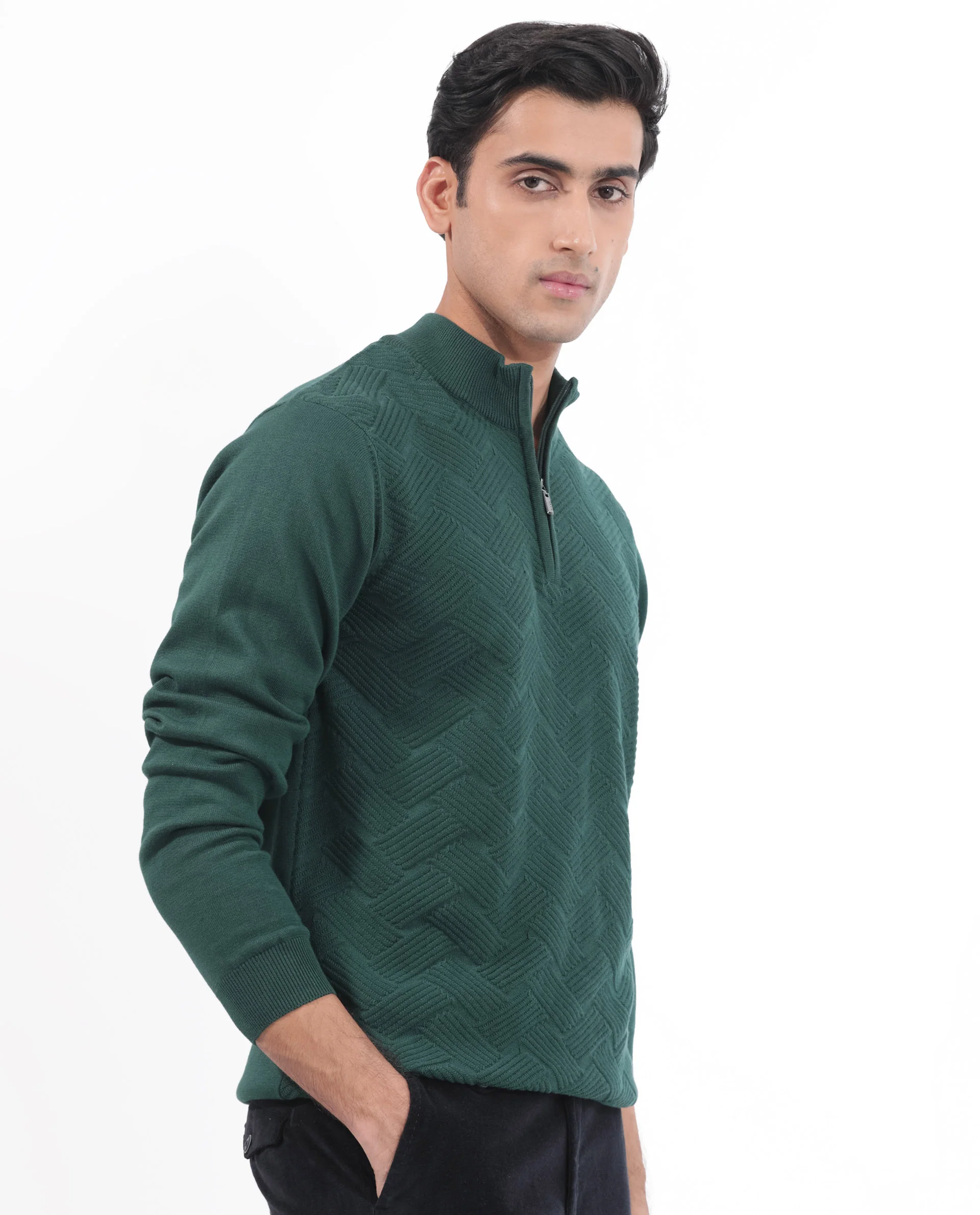 Rare Rabbit Men's Troyo Green Cotton Textured Relaxed Fit Full Sleeve High Neck Sweater - Image 6