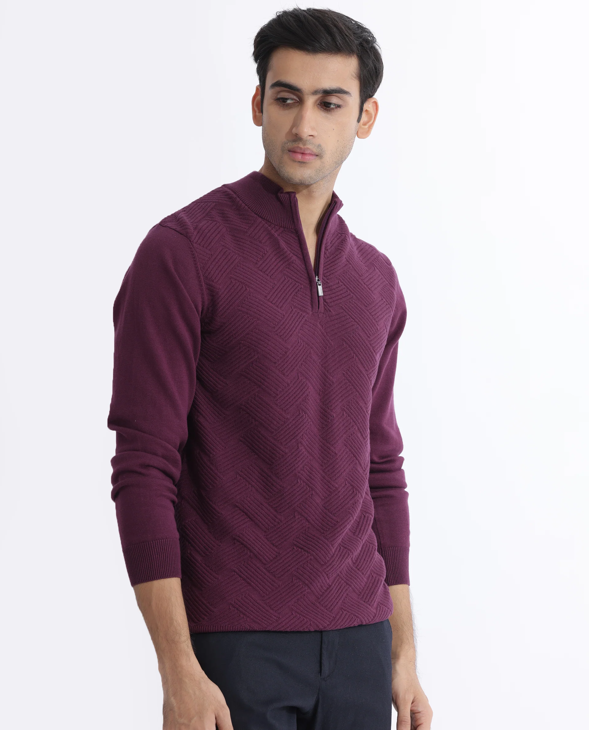 Rare Rabbit Men's Troyo Maroon Cotton Textured Relaxed Fit Full Sleeve High Neck Sweater - Image 2