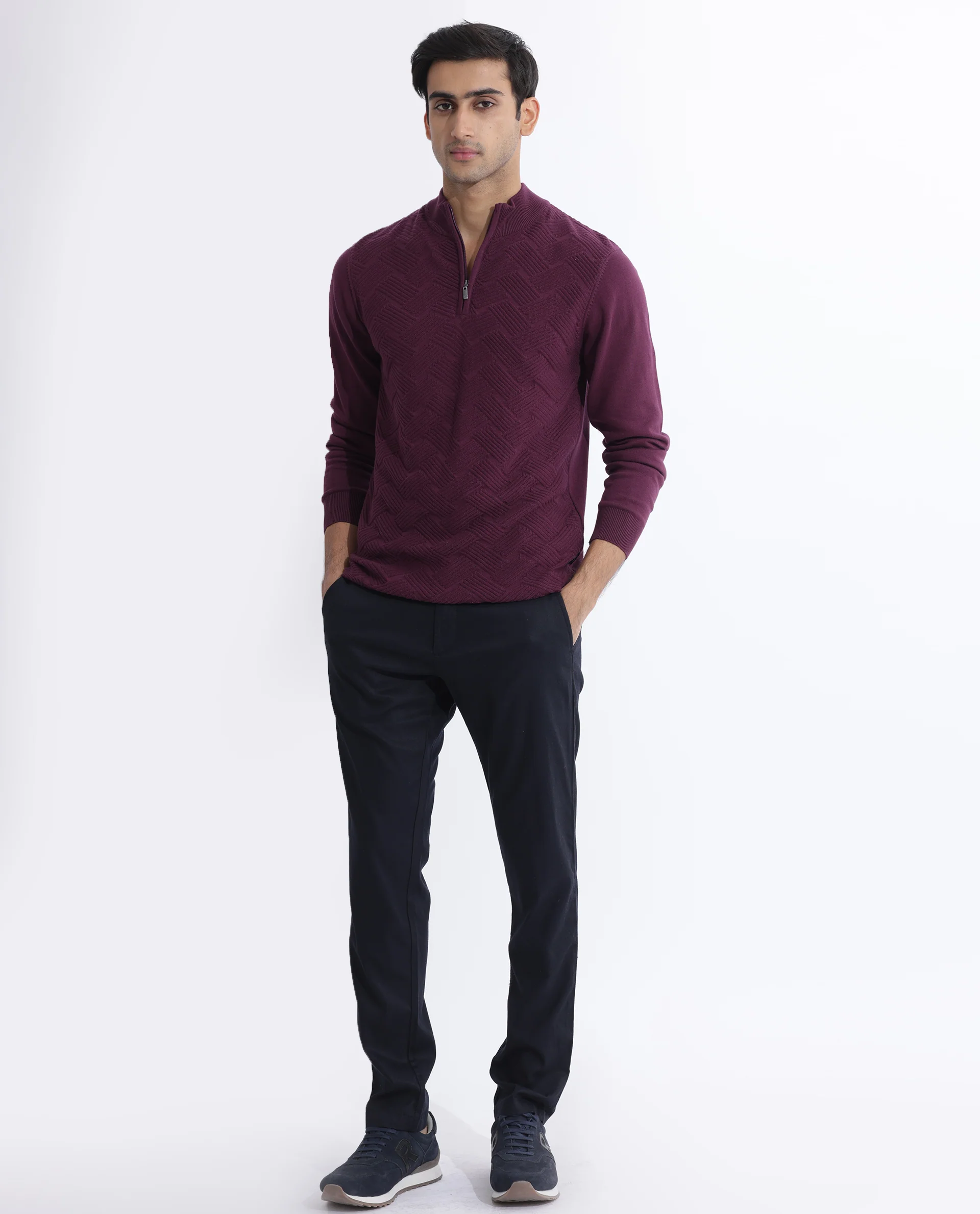 Rare Rabbit Men's Troyo Maroon Cotton Textured Relaxed Fit Full Sleeve High Neck Sweater - Image 3