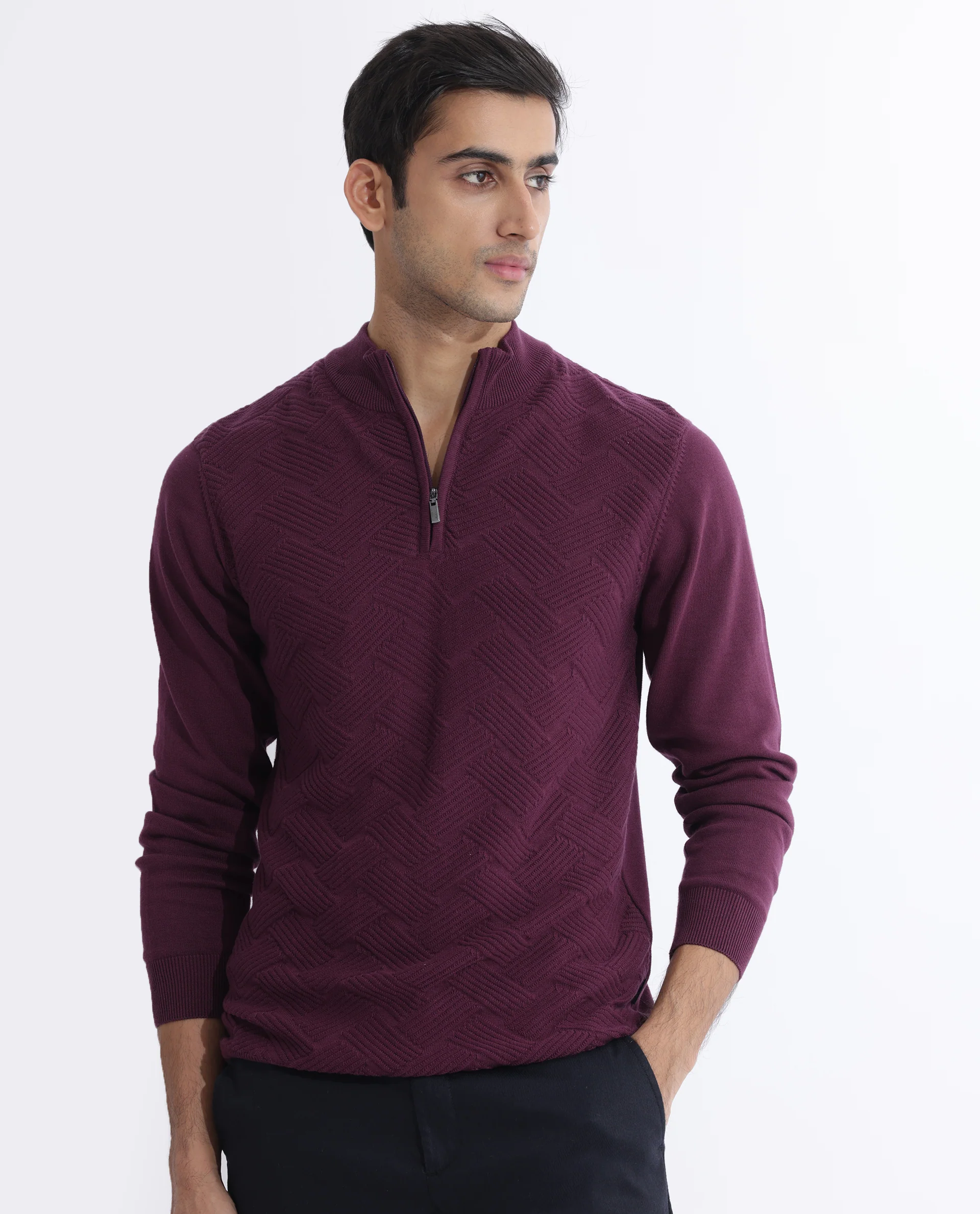 Rare Rabbit Men's Troyo Maroon Cotton Textured Relaxed Fit Full Sleeve High Neck Sweater - Image 4