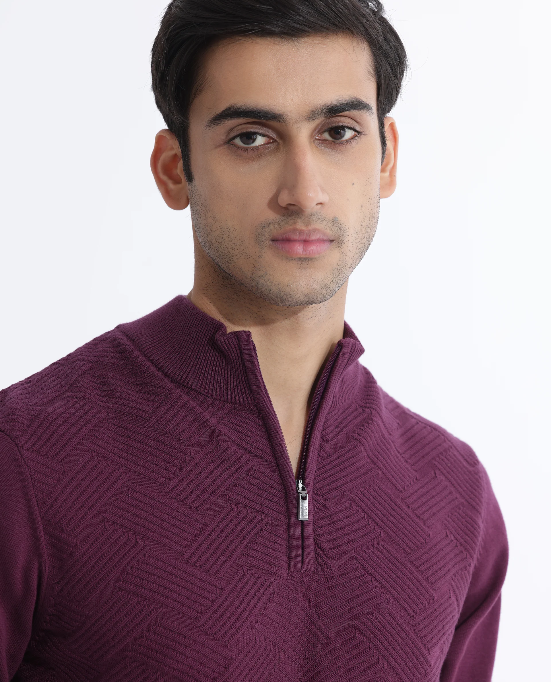 Rare Rabbit Men's Troyo Maroon Cotton Textured Relaxed Fit Full Sleeve High Neck Sweater - Image 5