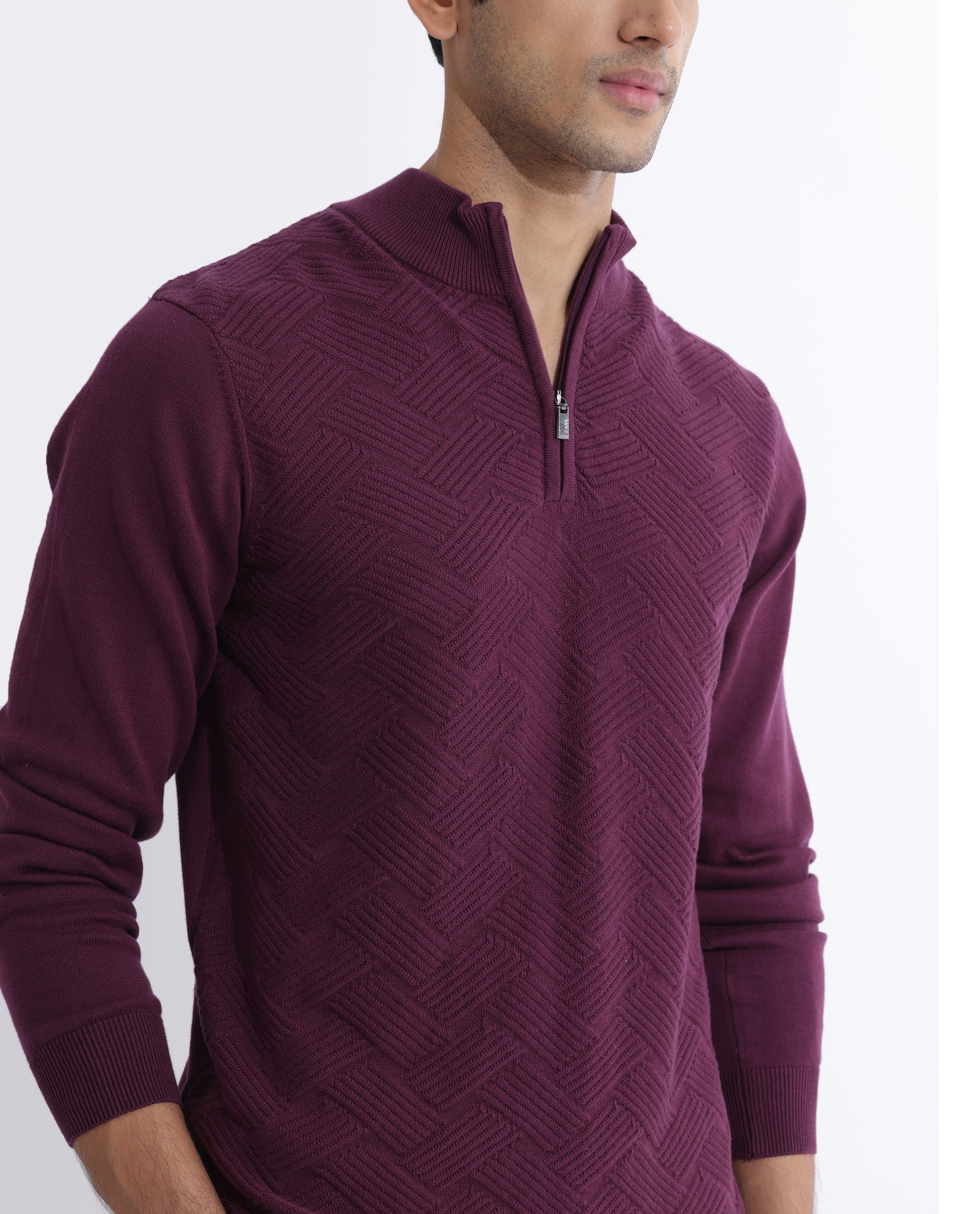 Rare Rabbit Men's Troyo Maroon Cotton Textured Relaxed Fit Full Sleeve High Neck Sweater - Image 6