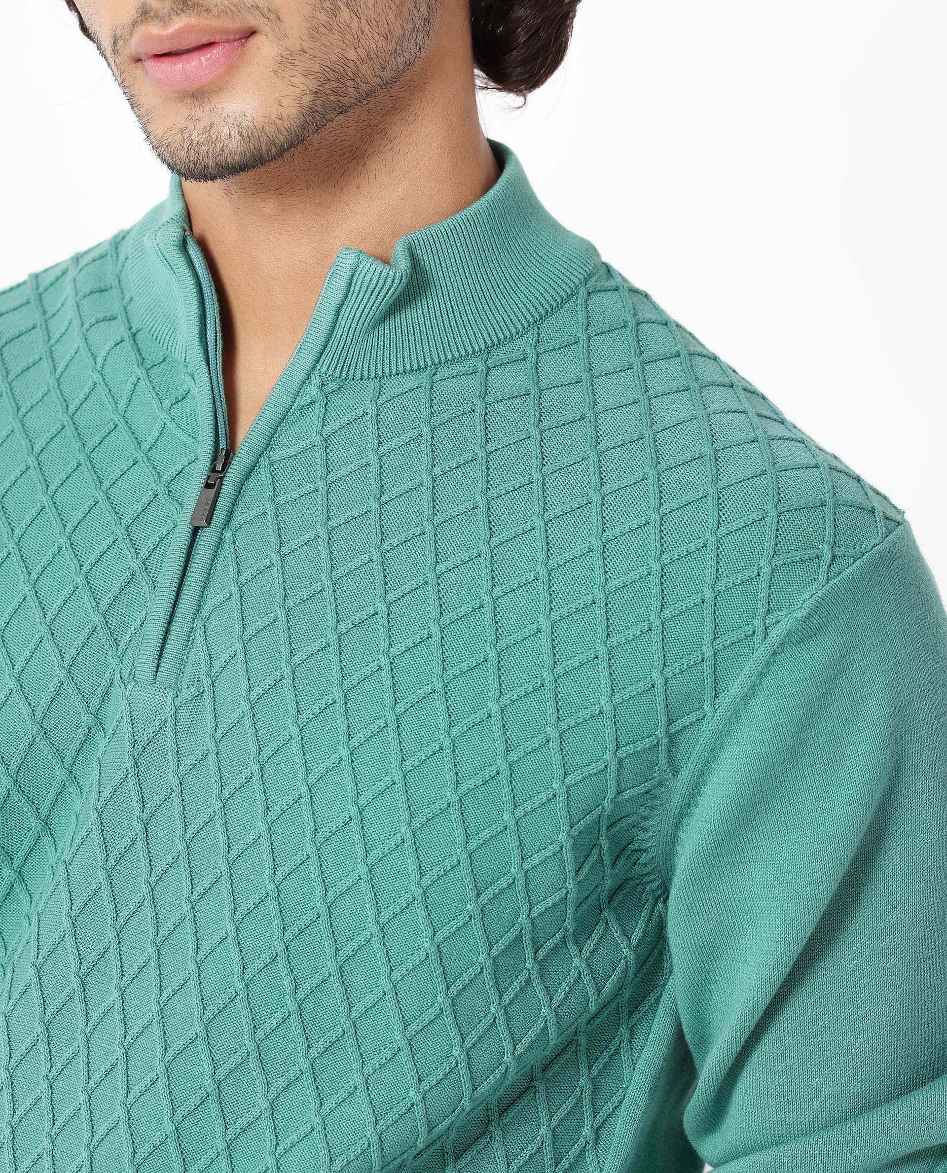 Rare Rabbit Men's Troyo Pastel Green Cotton Textured Relaxed Fit Full Sleeve High Neck Sweater - Image 2
